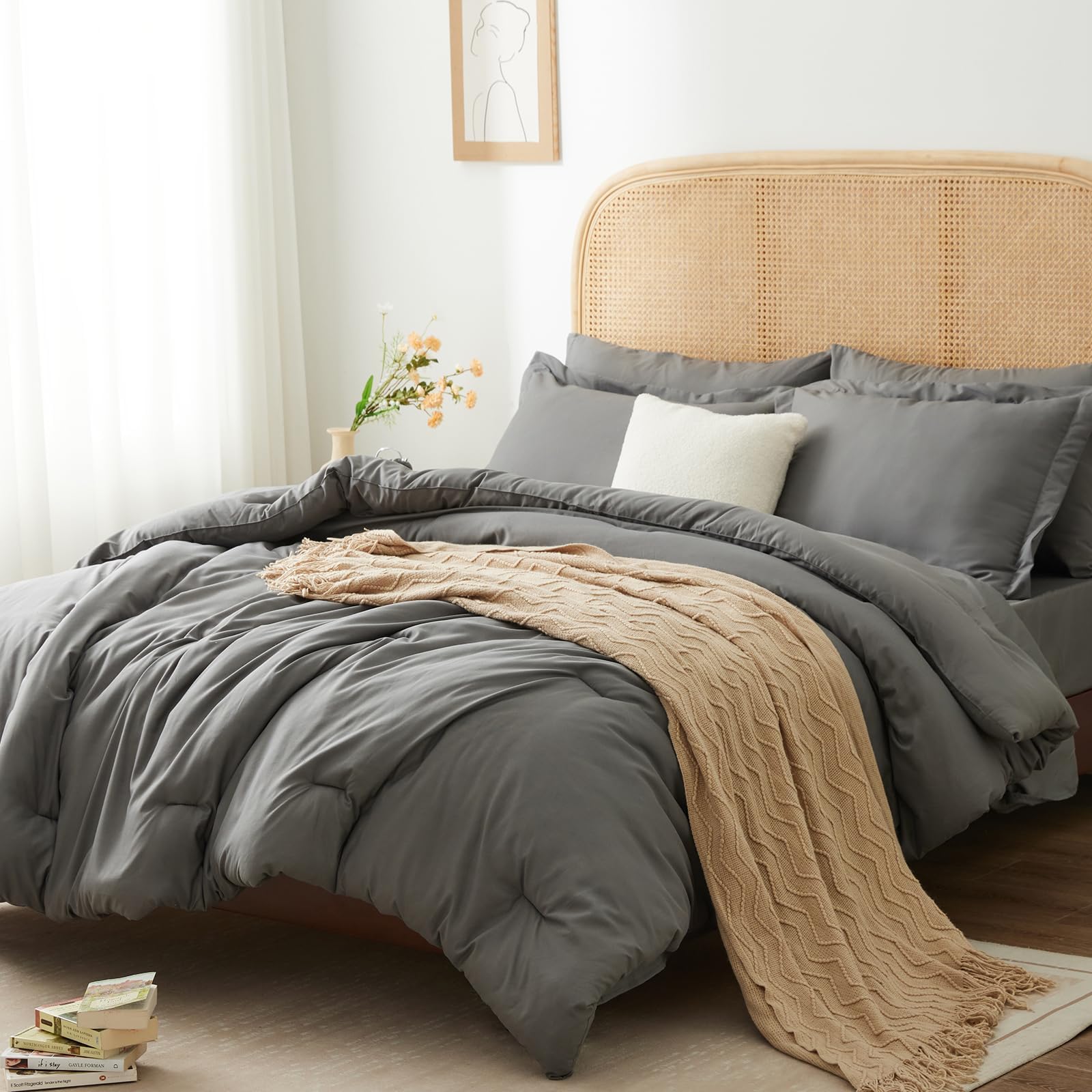 King Size Comforter Set Dark Grey - 7 Pieces Bed in a Bag Lightweight Bedding Set, All Season Soft 7PC Bed Set with Comforter, Flat Sheet, Fitted Sheet, Pillowcases & Pillow ShamsOEKO-TEX STANDARD 100