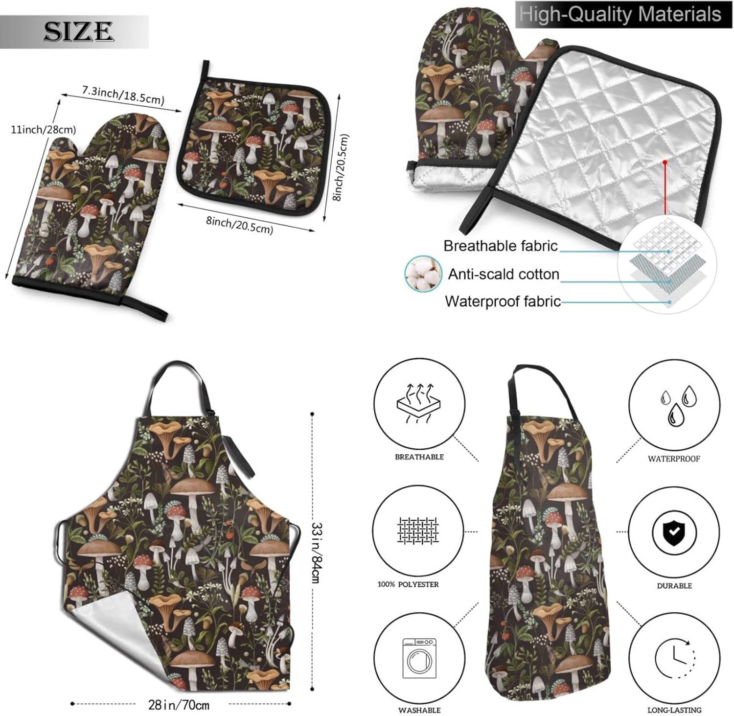 Funny Pink Cute Cats 3 Piece Kitchen Set Waterproof Apron with Oven Mitt and Pot Holder Cooking