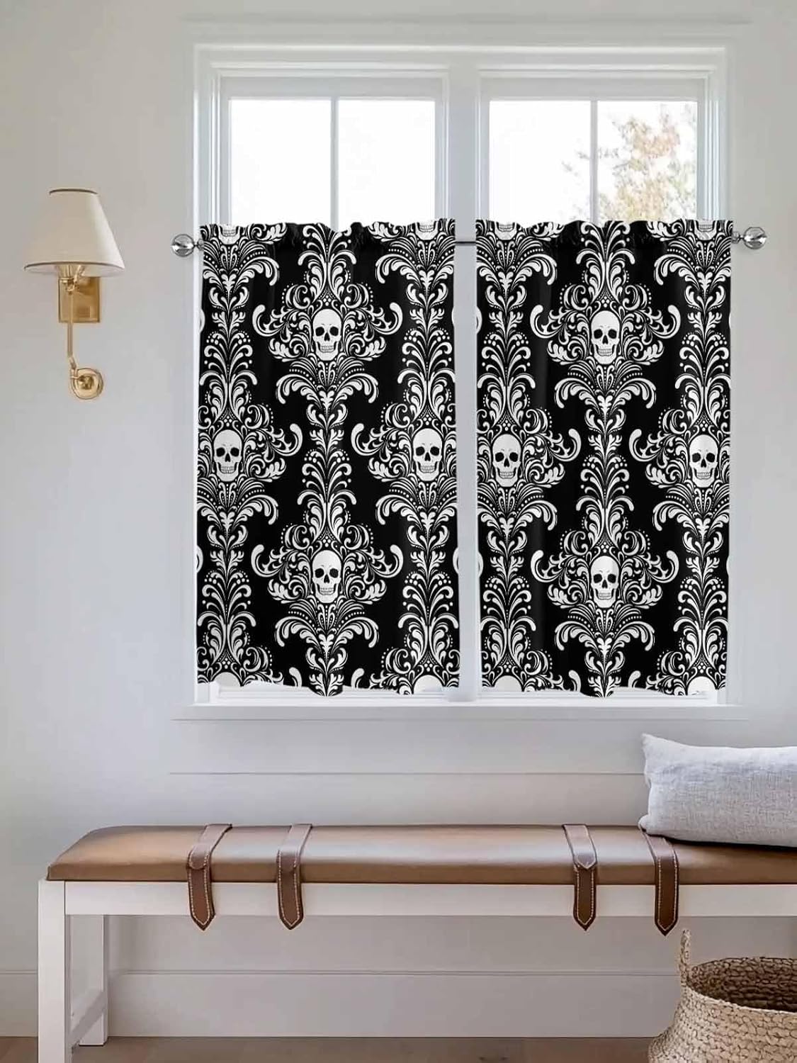 PIEPLE Window Curtains 54 Inch Length for Living Room Bedroom, Halloween Skull Floral Pattern Rod Pocket Kitchen Curtain Horror White Black Lace Window Curtain Panels Drapes, 42" W x 54" L, 2 Panels