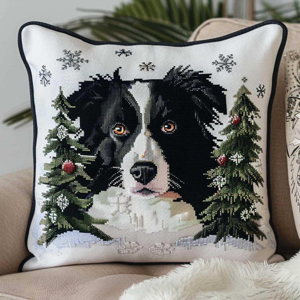 RKFLGEW Needlepoint Pillow Kit Border Collie Animal DIY Hook Crochet Yarn Needle Craft Easy Handmade Cushion for Home Sofa Decoration 43x43cm