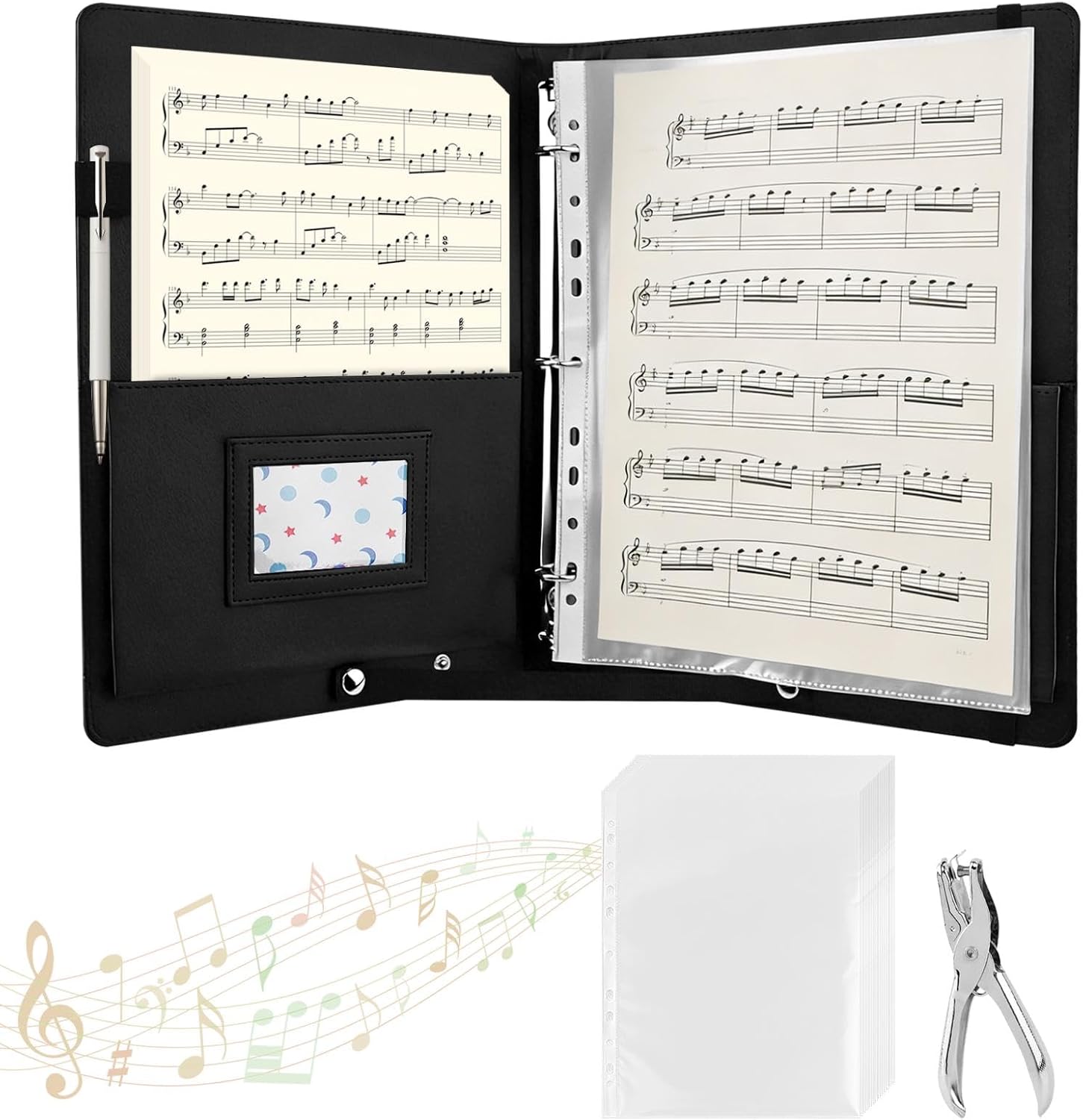 Sheet Music Folder, 13 x 9.8 in PU Leather Padded Choral Music Binder, 3-Ring Organizer Fits A4/Letter 8.5 x 11 in, Holds 220 Pages, Expandable Pockets, with 20 Clear Sheet Protectors, Hole Puncher