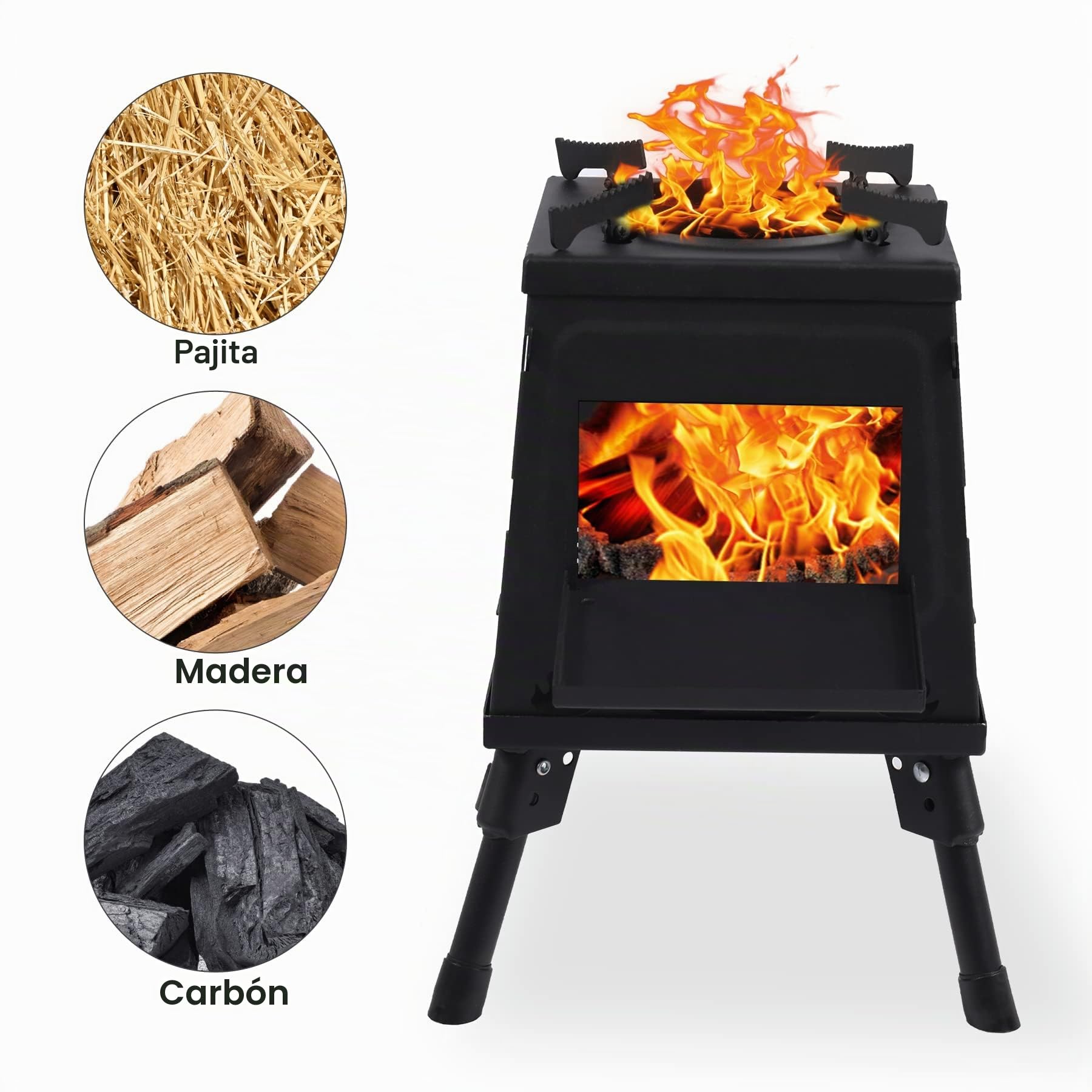Estufa de Leña Portátil de Hierro Fundido para Camping, Negra Con Funda de Transporte para Mochileros, Cocina Al Aire Libre, Grande