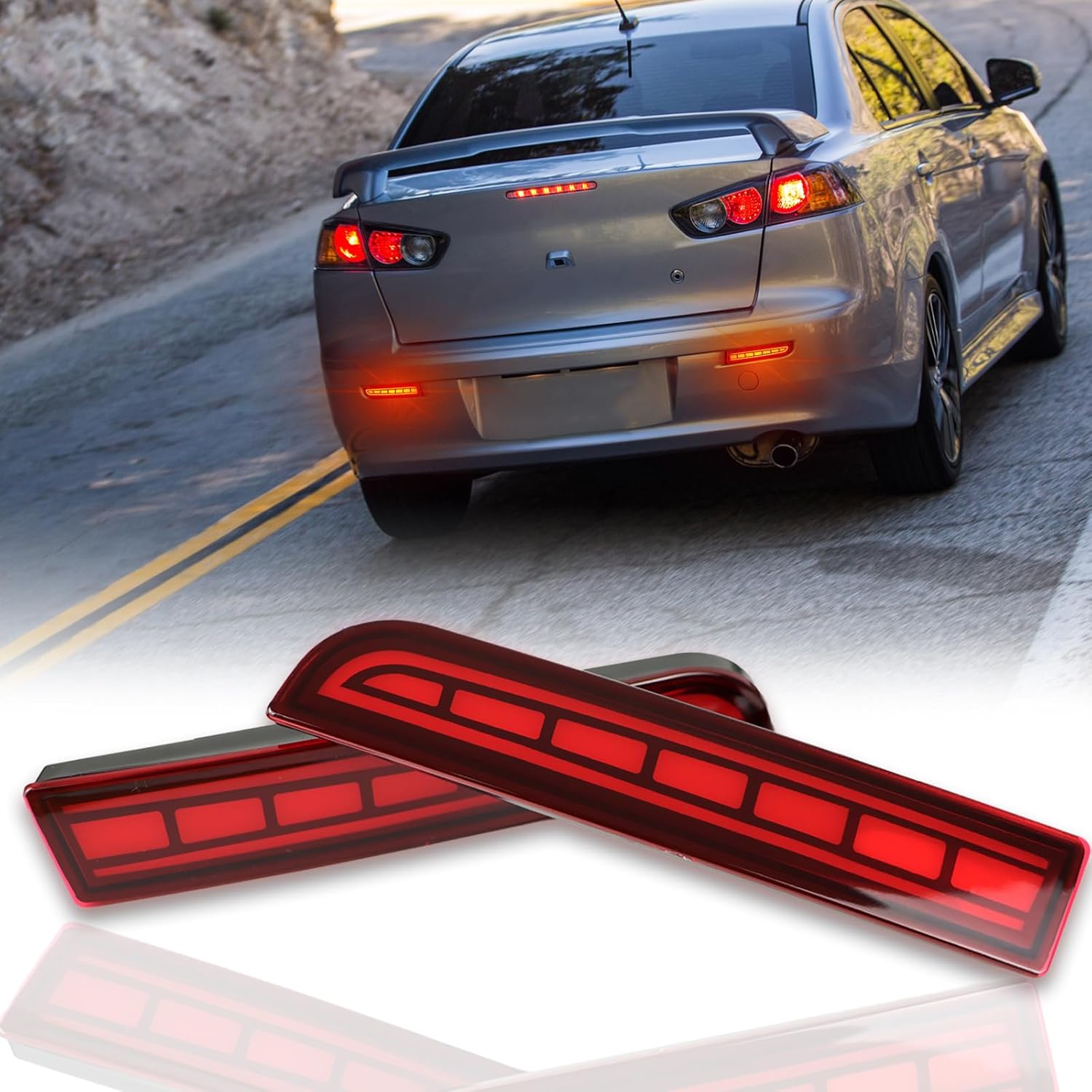 DRL Red LED Rear Fog Light Reflector,Function as Daytime Running Light&Amber Sequential Turn Signal&Brake Light Compatible with Mitsubishi Lancer Evolution X Outlander (RED Style)