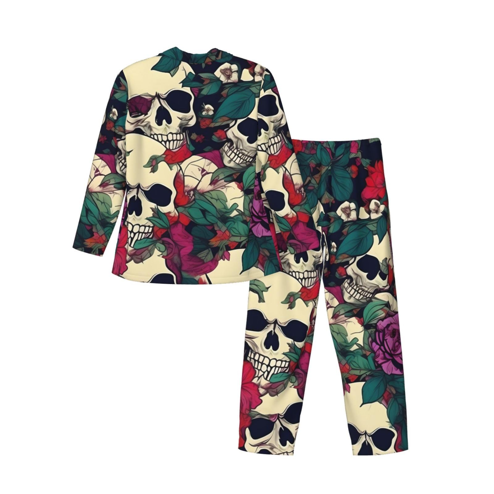 Langärmeliges Pyjama-Set für Herren, mit Blumenmuster, Totenköpfe, zweiteilig, bequem, Nachtwäsche