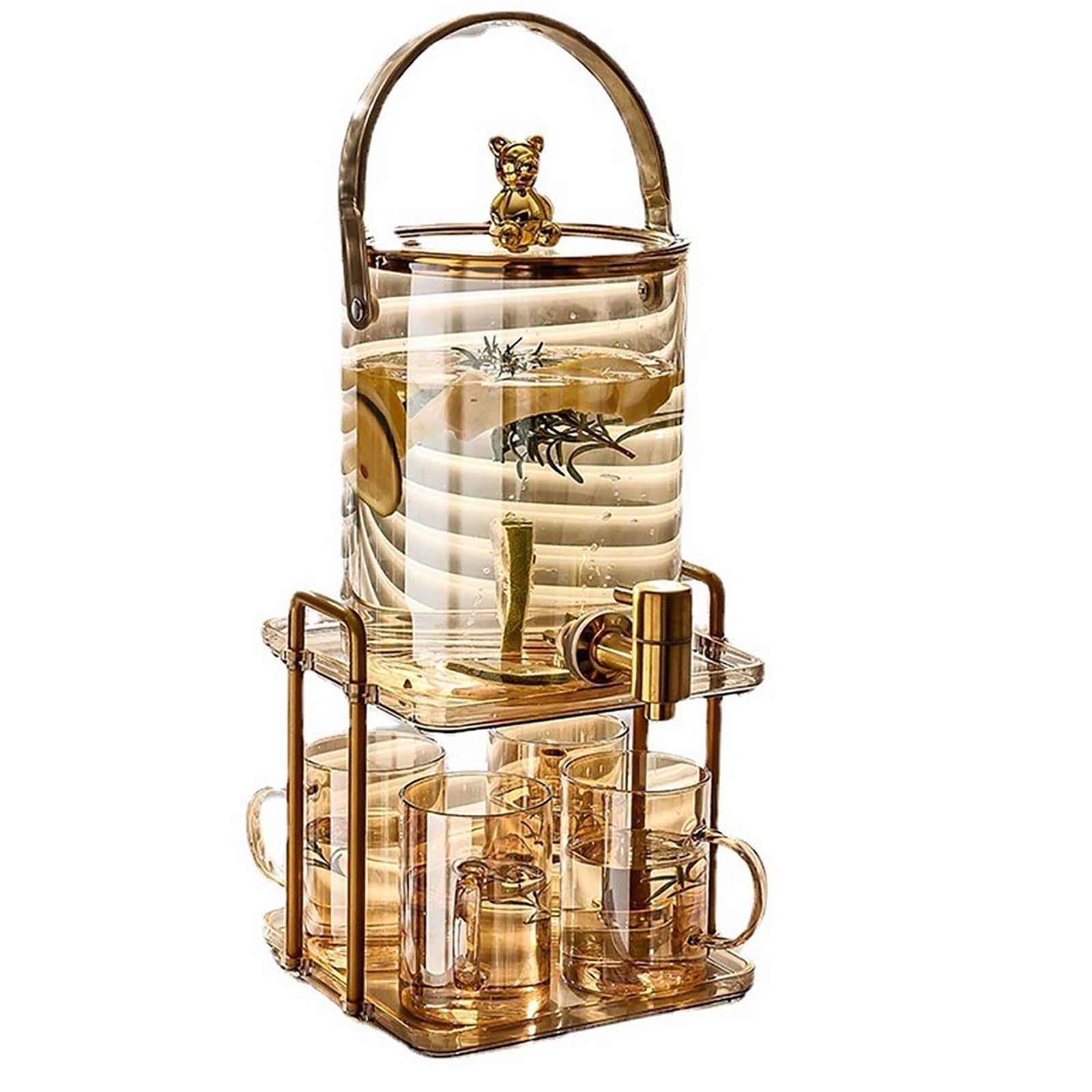 Dispensador de bebidas de vidrio con grifo y soporte, jarra de agua fría de 3,5 L para cóctel y ponche, dispensador de jugo resistente a altas temperaturas, incluye 4 vasos