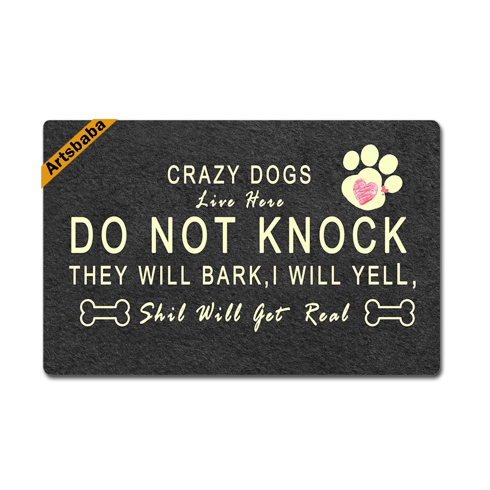 Doormat Crazy Dogs Live Here Do Not Knock They Will Bark Door Mat Monogram Non-Slip Rubber Doormat Non-Woven Fabric Floor Mat Indoor Entrance Rug Decor Mat 23.6 x 15.7 Inches