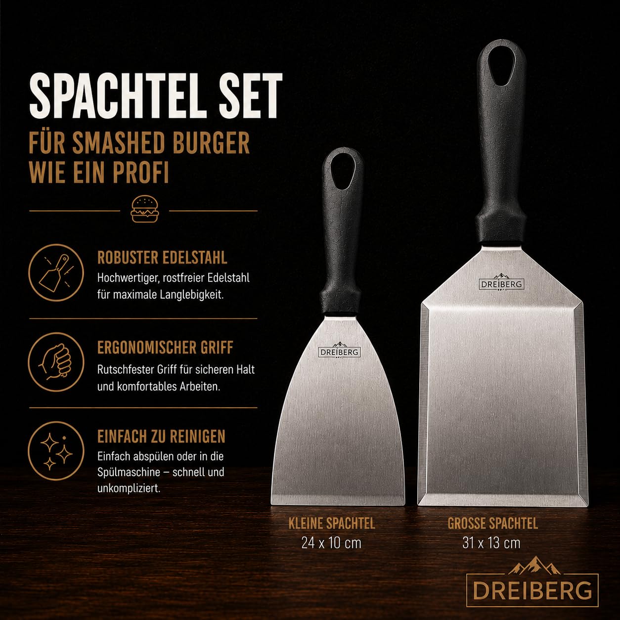 DREIBERG® Smash Hamburger Set in acciaio inox per plancha, barbecue a gas, teppanyaki con spatola per barbecue, carta hamburger, campana da scioglimento, pressa per barbecue, spargere spezie e