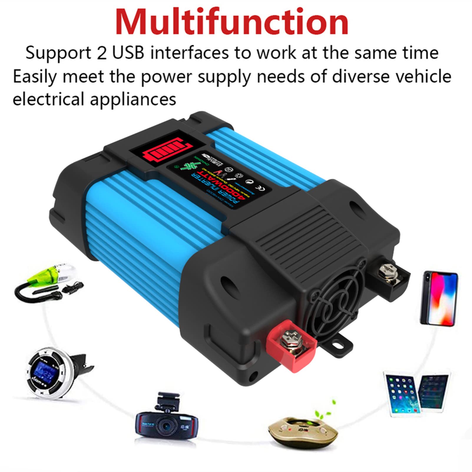 Falownik 300W 500W Samochodowy Przetwornica Napięcia DC 12V do 110V 220V AC, z Wyświetlaczem LED, Dwoma Portami USB Gniazdko Samochodowe do Laptopa,300W-220V