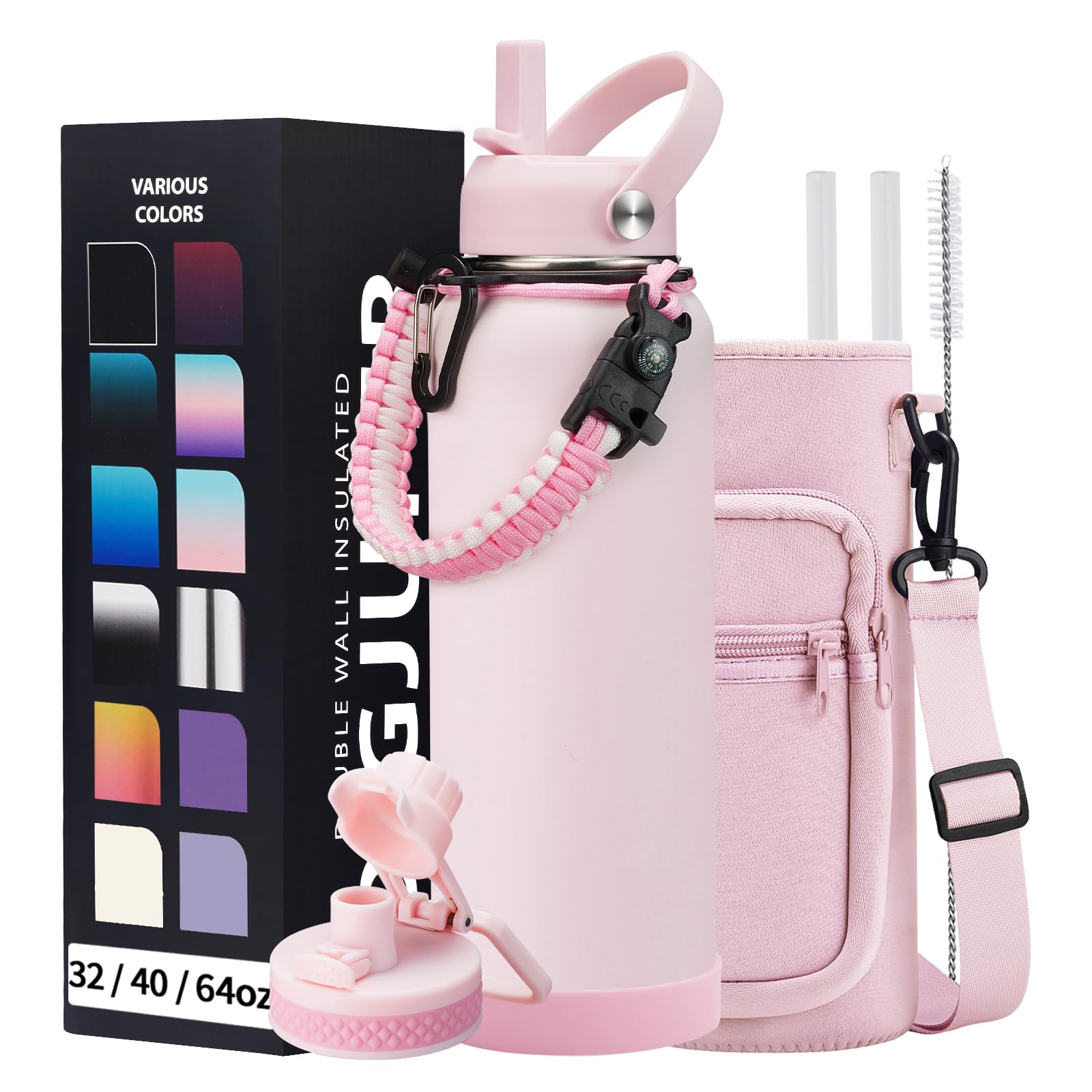40 oz Insulated Water Bottles with Straw & Auto Chug Lid, Paracord Handle, Metal Flask Keep Cold-48H & Hot-24H, Double Vacuum Stainless Steel Travel Jug with Carrying Case for Gym Workout Running