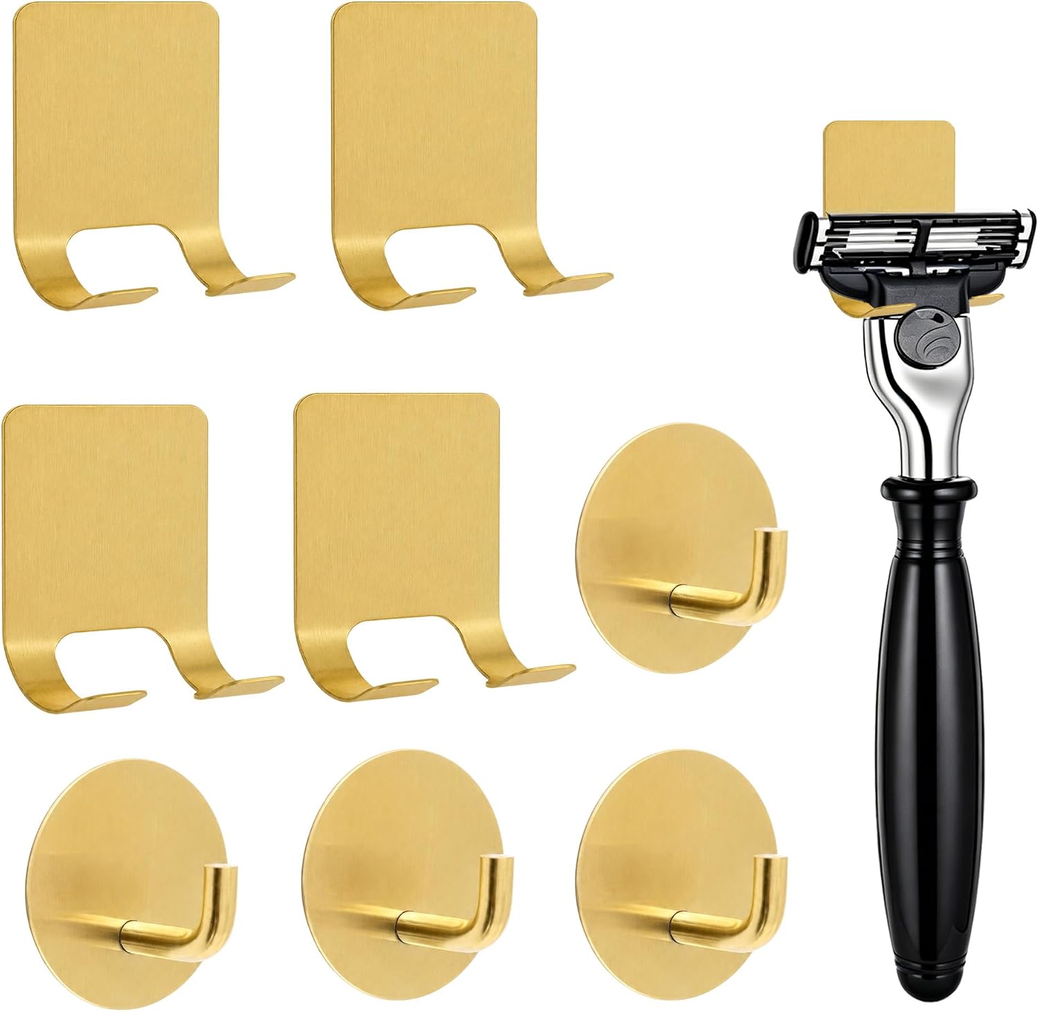 2 Pack Gold Razor Holder for Shower and 2 Pack Adhesive Wall Hooks (4 Pack)