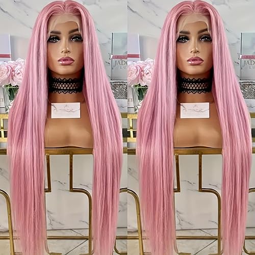 Miniatura 8 de Lezaxiu - Peluca de encaje frontal de pelo sintético largo y lacio, para mujeres negras, fibra de pelo resistente al calor, sin pegamento, densidad