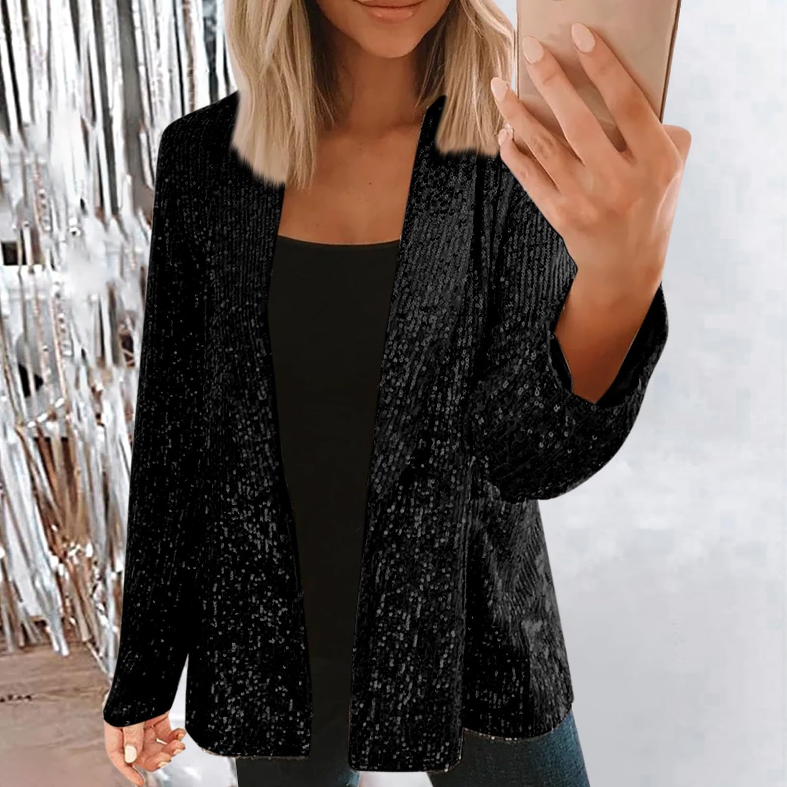 Pailletten Strickjacke Damen, Pailletten Blazer Offen V‑Ausschnitt Jacke