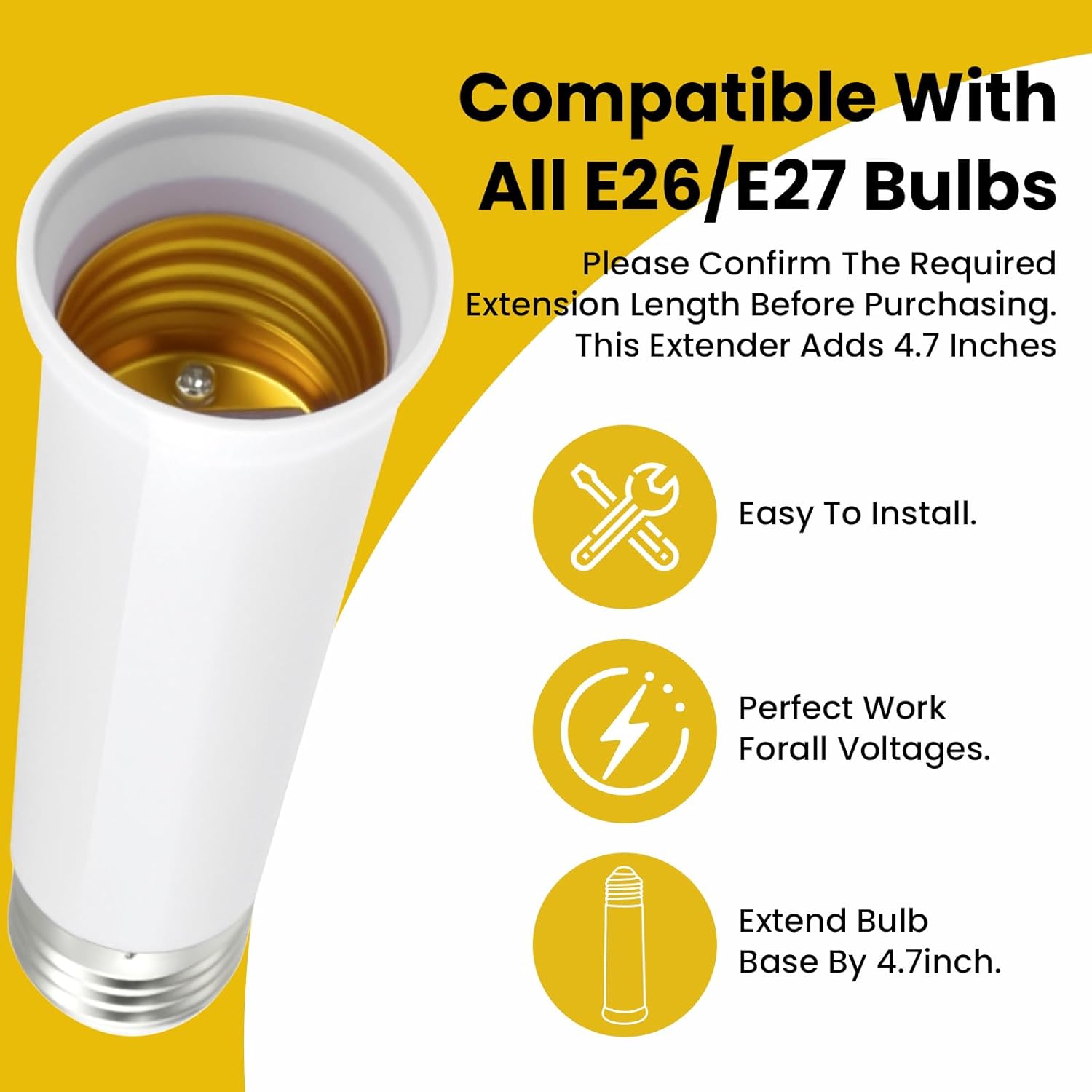6 Pack E27 Light Socket Extender, E27 Medium Base Converter Adapter, 120mm/4.72 Inch for Ceiling Fans, Lamps & Indoor Spaces