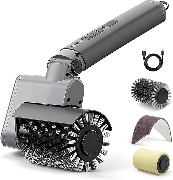 Electric Grill Brush 3-in-1 Kit – Cordless BBQ Cleaner with Reinforced Safe Metal Bristles – 2 Hours Runtime, Waterproof & Dishwasher Safe Removable Brushes for Deep Cleaning (Light Gray)