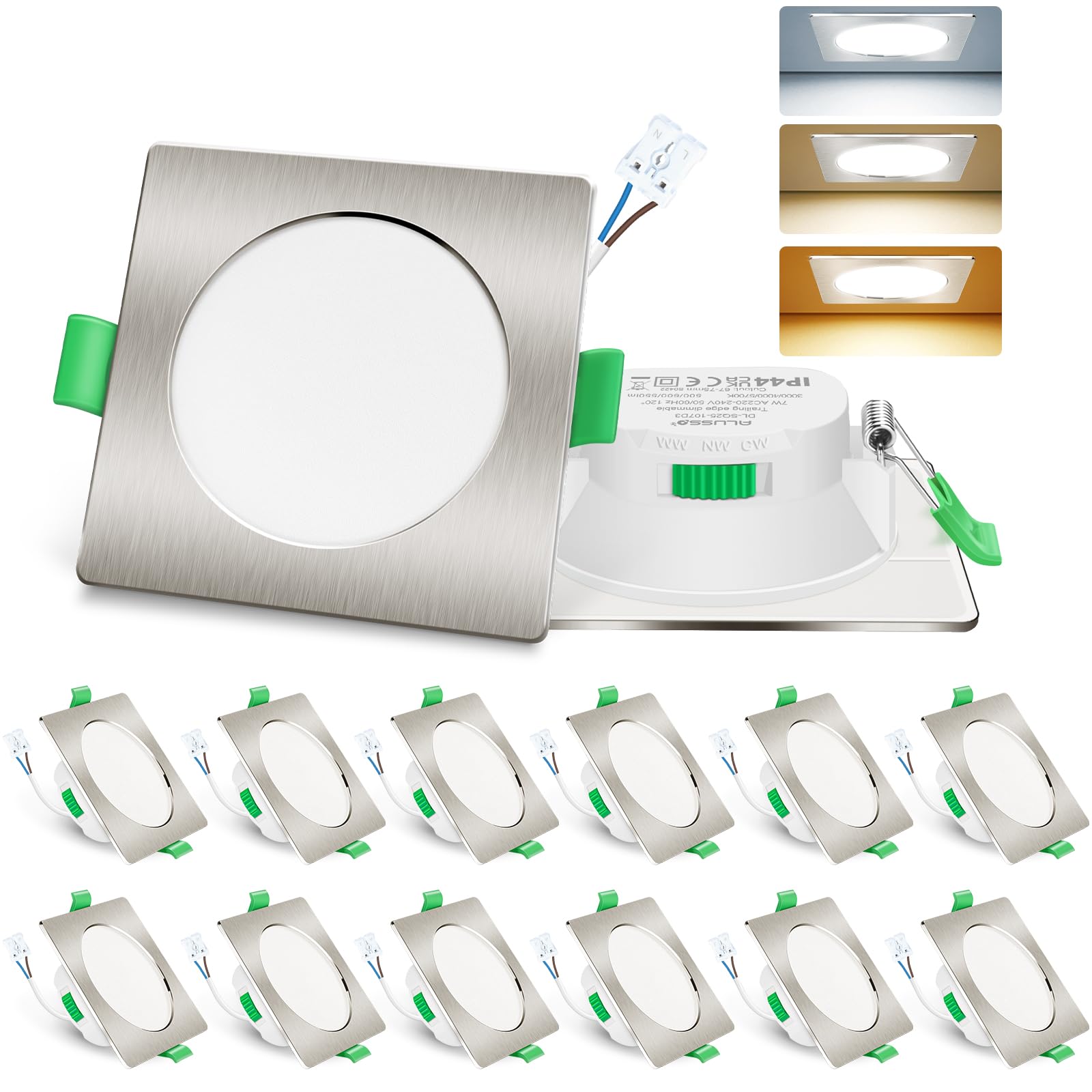 ALUSSO LED Einbaustrahler 230V 7W 3CCT Dimmbar 68mm Quadrat Nickel 12er Set | 3000K/4000K/6500K Verstellbar Einbauspots, Ultra Flach IP44 Einbauleuchten Für Zimmer, Badezimmer, Küche, Büro, Dachvorsprung