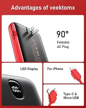 VEEKTOMX Portable Charger with Built in Cables 20000mAh, Power Bank for iPhone with AC Wall Plug, Fast Charging USB C Slim Battery Pack with LED Display Compatible with iPhone 17/16/15, Samsung