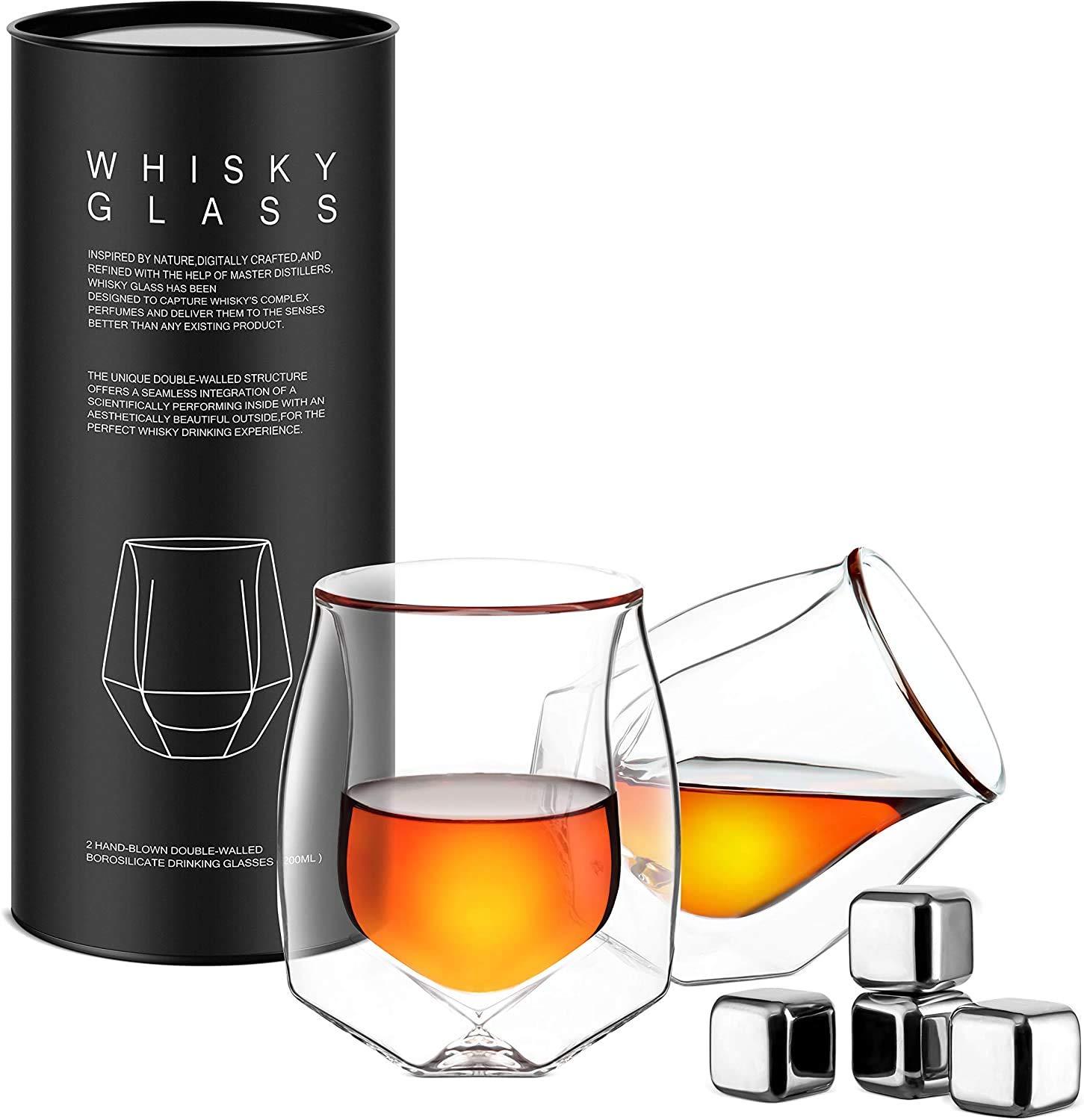 Buy Whiskey Glasses Set of 2 With Whiskey Stones,Hand Blown Double