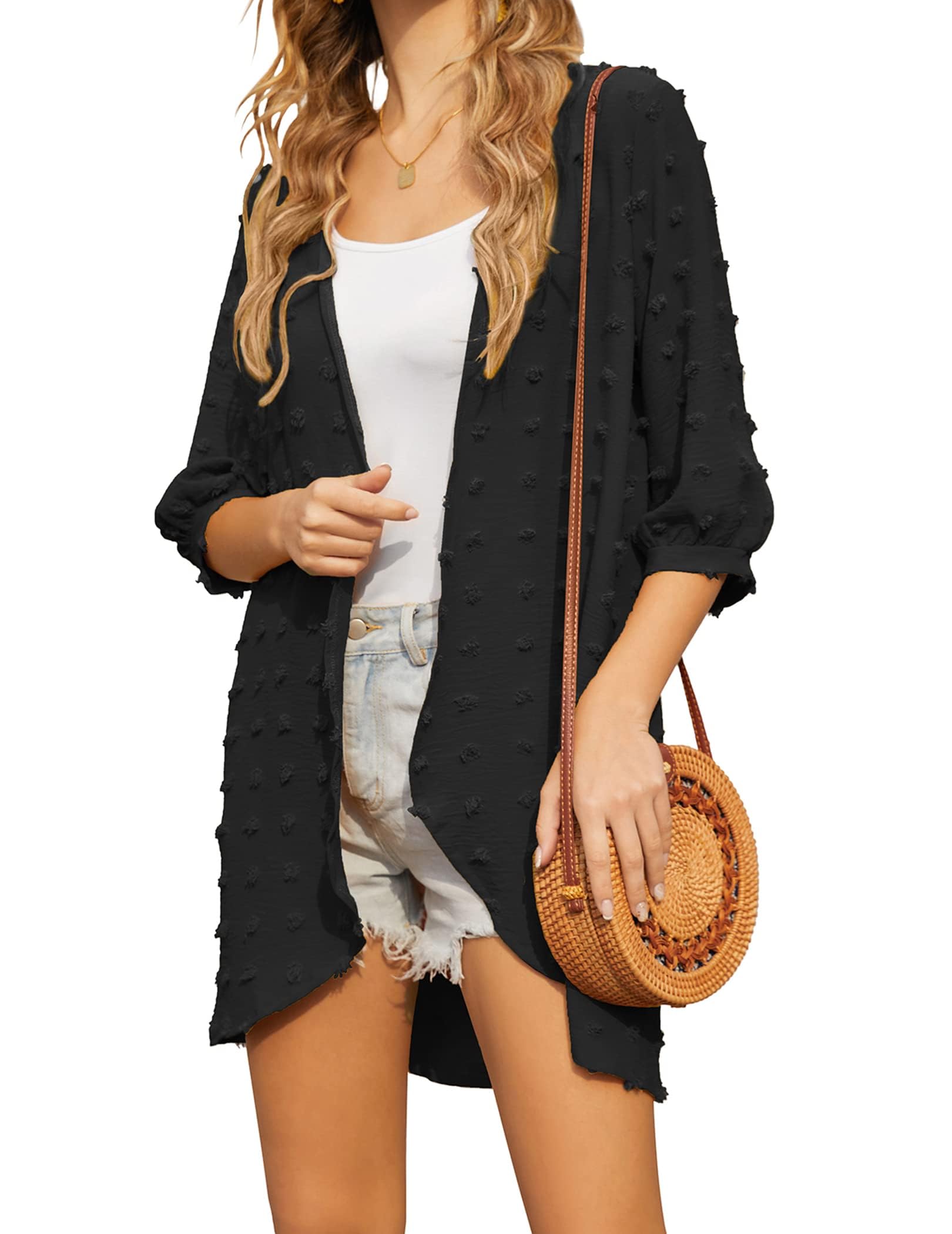 Hotouch Traje de baño para Mujer Vestido de Playa Kimono Manga 3/4 Cárdigan de Punto Suizo Cárdigan Elegante Ropa de Playa Negro M