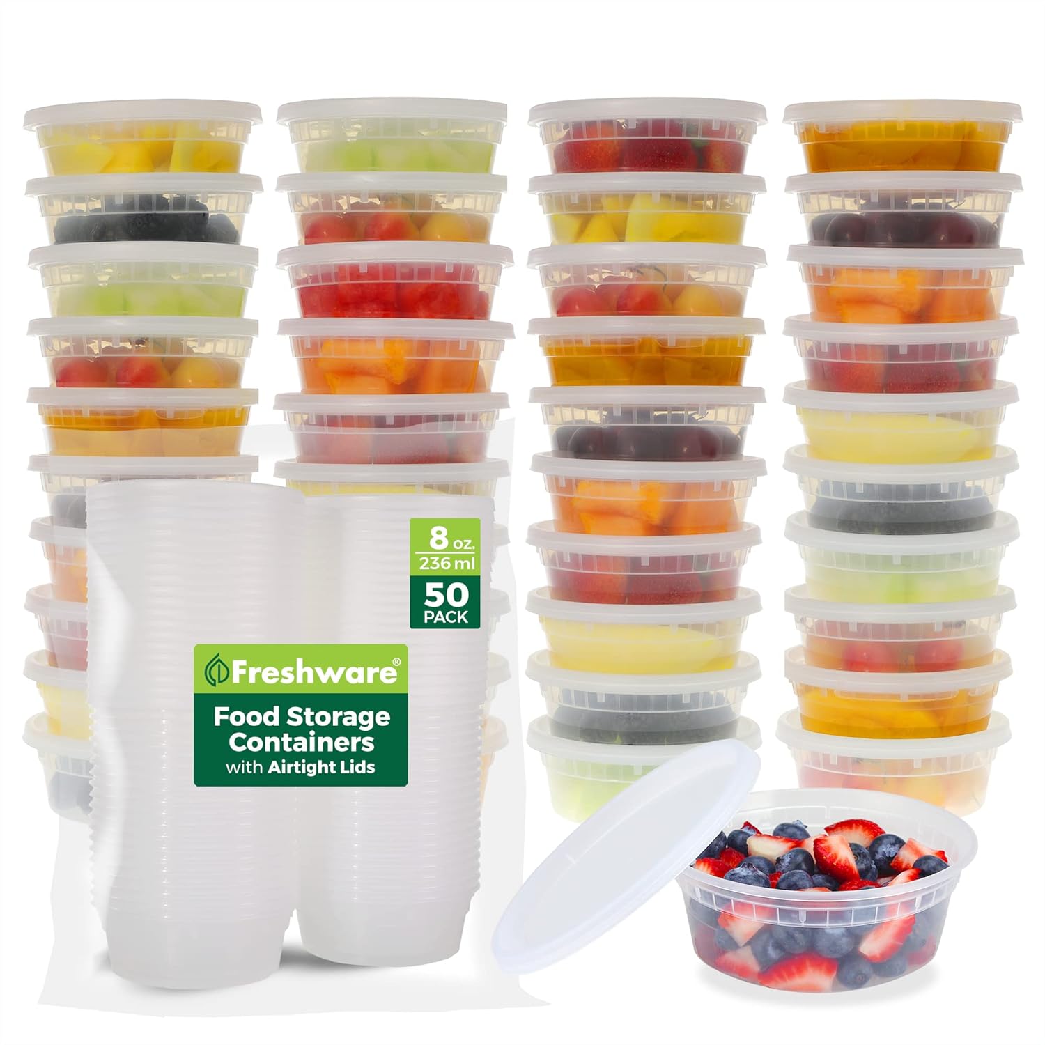 Freshware Food Storage Containers 50 Set 8 oz Plastic Deli Containers with Lids Slime Soup Meal Prep Containers