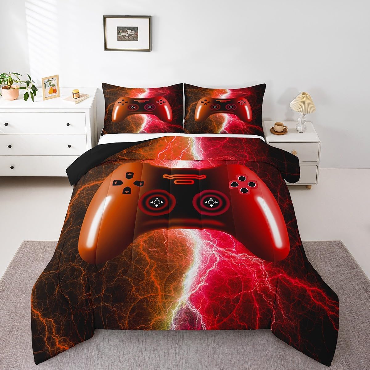 Erosebridal Gamer Bedding Set Twin Red Orange Gaming Comforter Sets for Boys Girls Kids,Video Game Console Quilt Bed Set,Abstract Lightning Down Comforter Gamer Room Decor with 1 Pillowcase