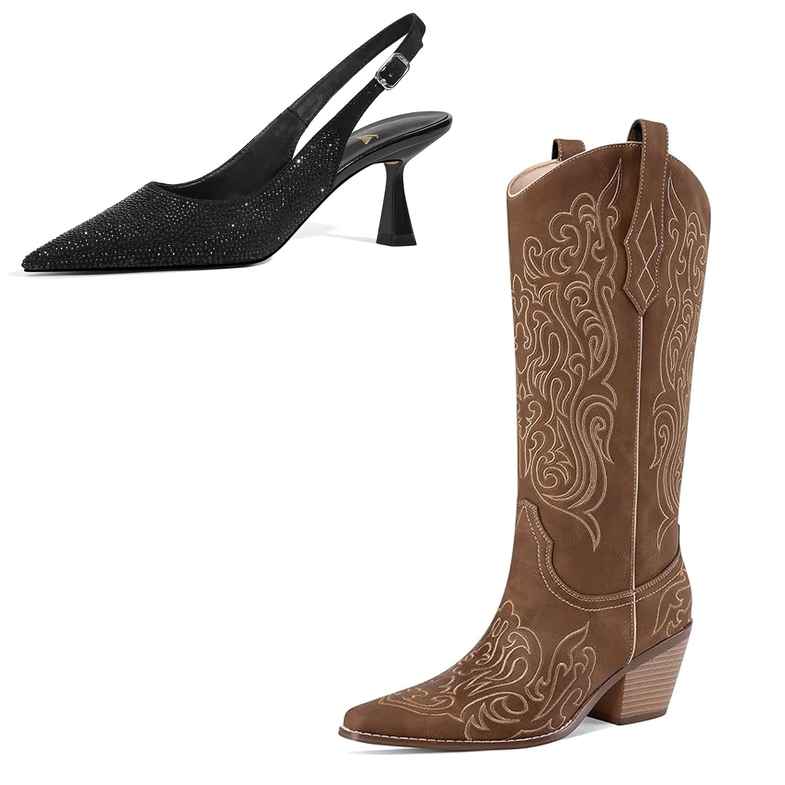 LOCERICH Brown Cowboy Boot for Women Cowgirl Boots with Black Kitten Heels