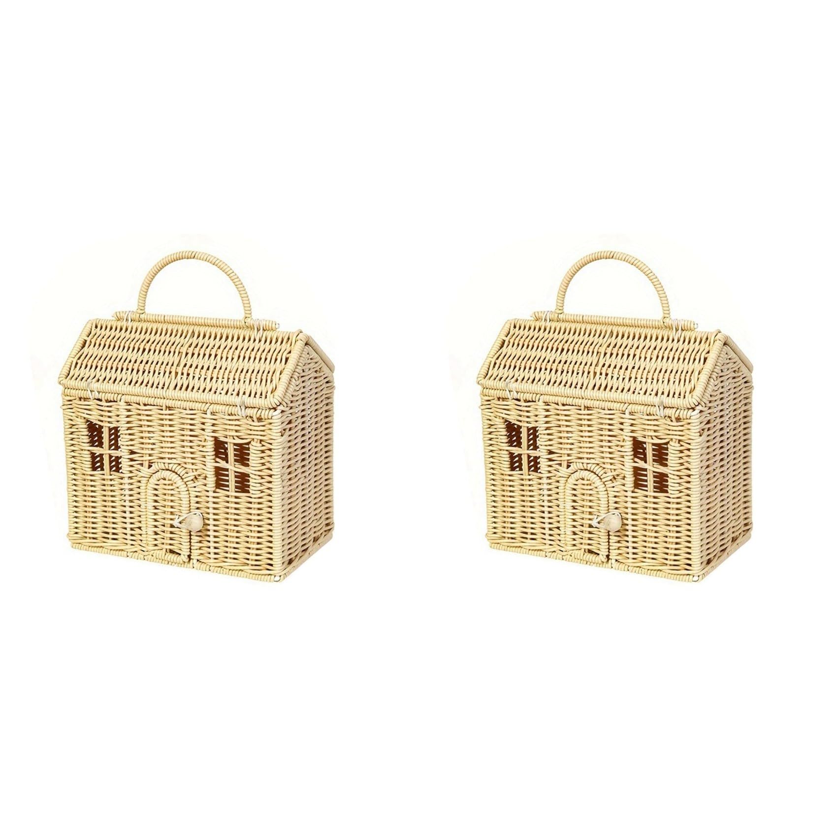 Hndhbfgrt 2X Rattan House Shaped Basket with Lid, Decorative Hand Woven Shelf Organizer with Folding Handle, Harvest Wicker Basket
