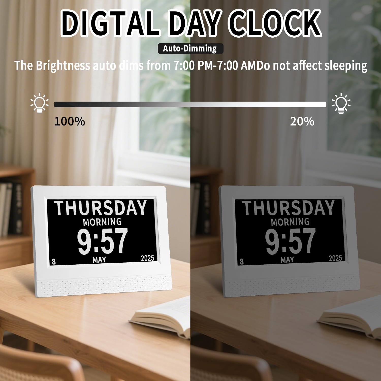 7" Pouce LCD Horloge Numérique, Calendrier avec Date Jour Et Heure Non-Abrégée Auto Dimming, 10 Langues HD Display Rappel pour Alzheimer Personnes Âgées Enfants (Blanc)