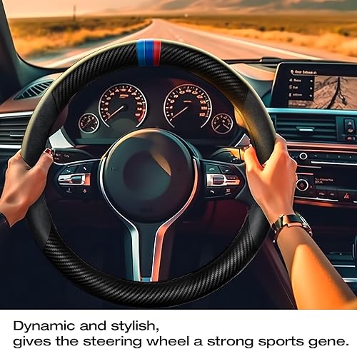 Miniatura 9 de Funda de volante de fibra de carbono, antideslizante y absorbente del sudor, fundas para volante de 15 pulgadas para hombres y mujeres, negro (negro