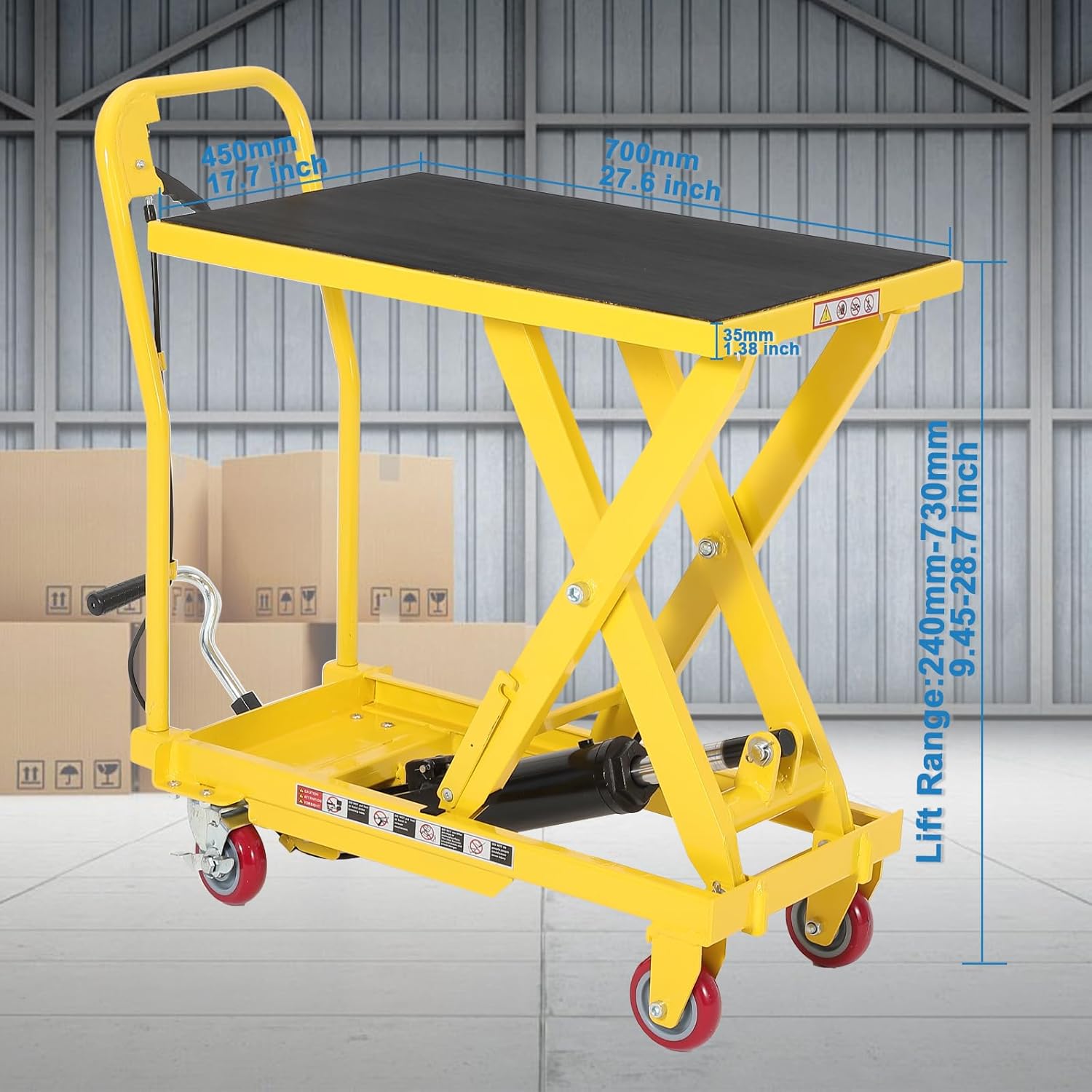 Heavy Duty Hydraulic Lift Table Cart 500LB Capacity, Single Scissor Lift Table with 28.5'' Lifting Height, Non-Slip Platform & Locking Wheels for Garage, Warehouse, Workshop, Yellow