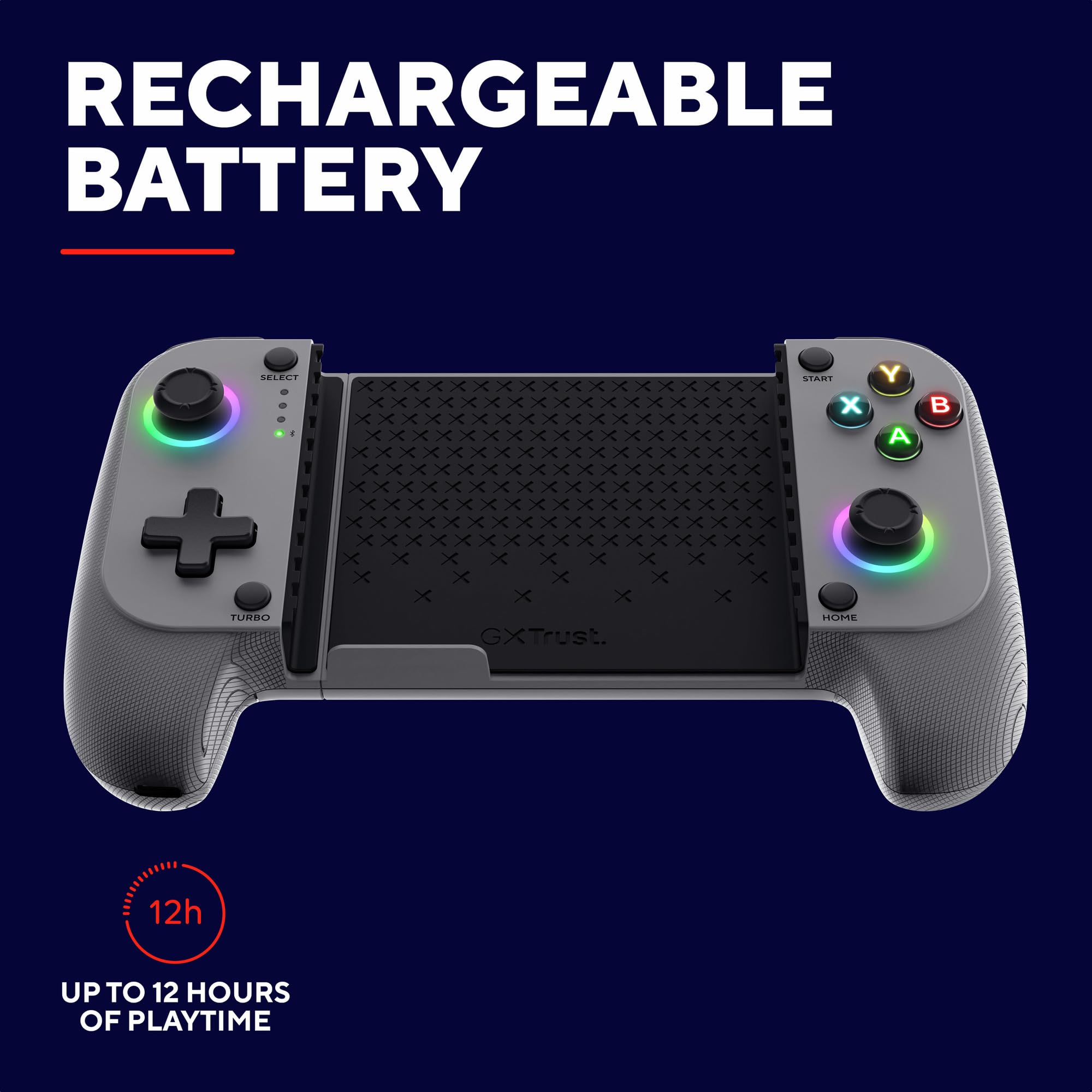 Trust Gaming GXTrust 735G Mylox Kontroler do Gier z Uchwytem na Telefon iPhone Android PS5 Xbox, Akumulator do 12h, Gamepad Bluetooth do Smartfona, Podświetlenie LED RGB, 18 Przycisków, Szary