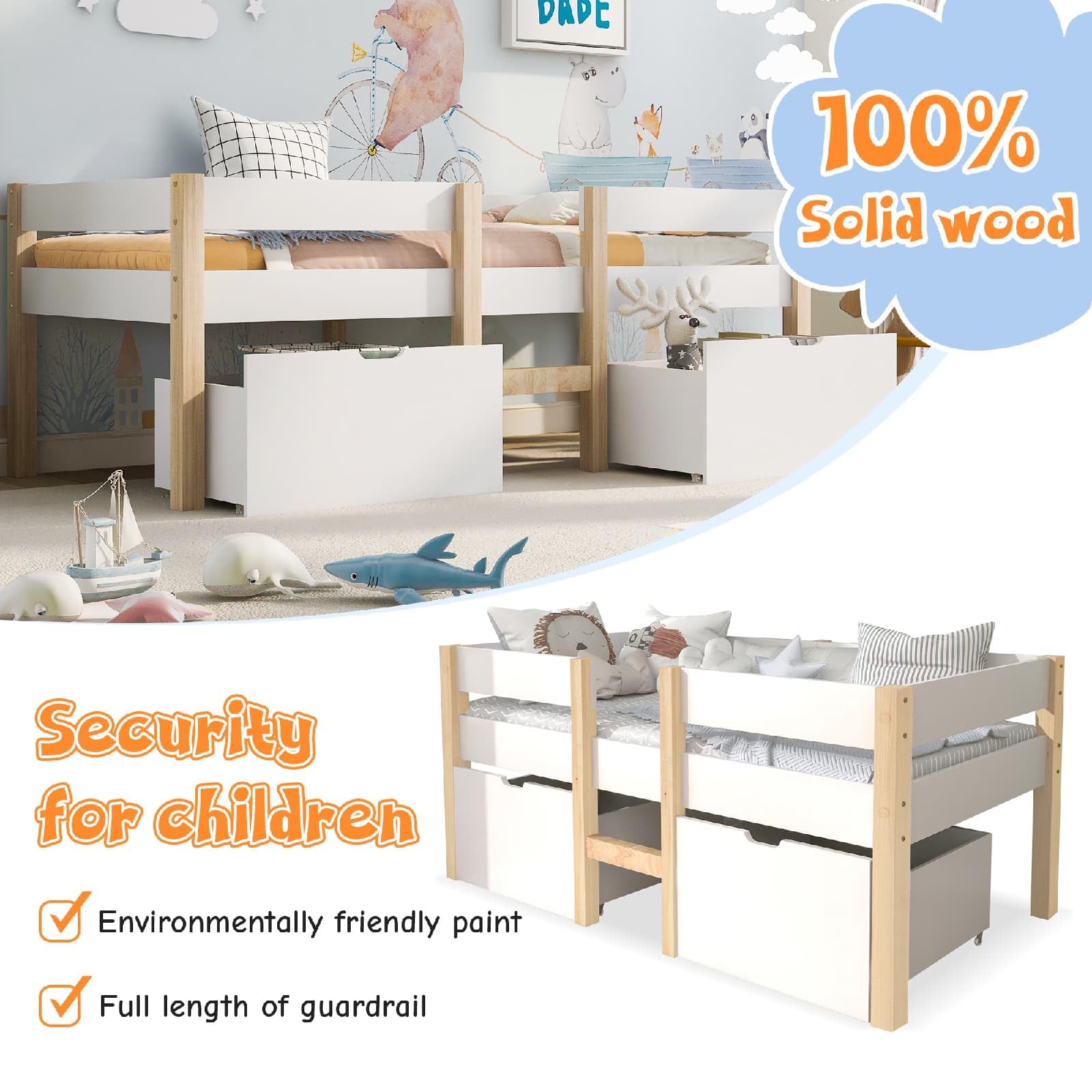 PUGSDRLY Lit d'enfant 90x190cm,Lit mi Hauteur avec Clôture de Sécurité et 2 Grands Tiroirs de Rangement,Cadre de Lit avec Sommier à Lattes en Bois,Lit Mezzanine Enfant(sans Matelas) (90x190-B)