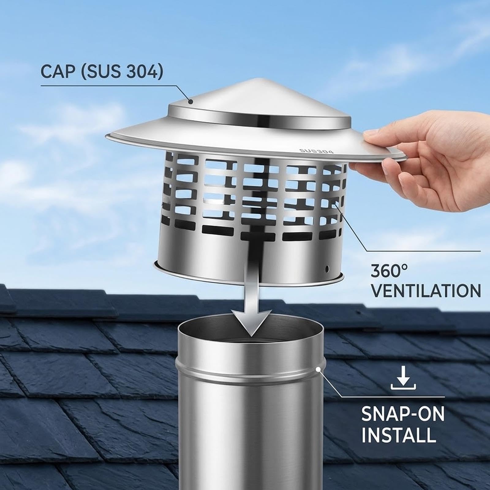 Sombrerete Chimenea de Acero Inoxidable, Tapa Antilluvia y Antiviento 75 100 110 160 200 250 300 400mm Cubierta de Lluvia para Chimenea, Conducto de Escape Campana de Ventilación(250mm/9.84in)
