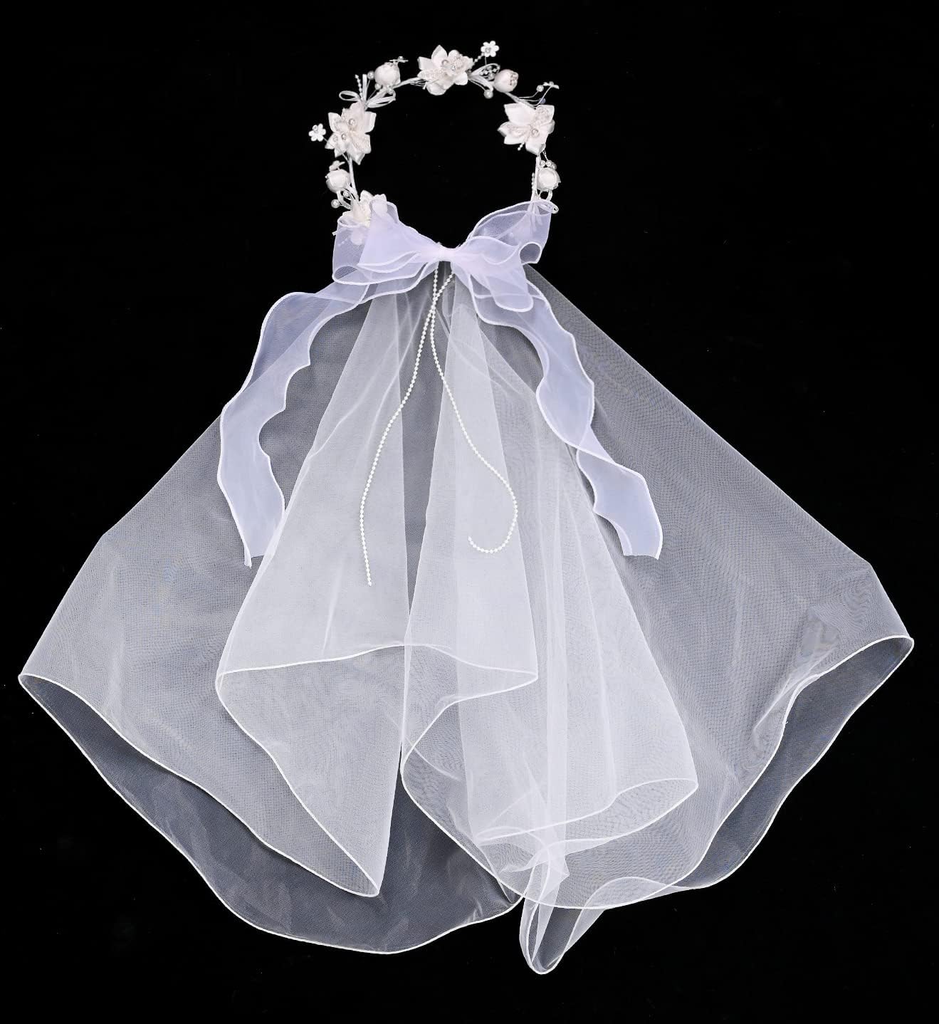 Girls First Communion Veil White Floral Crown with Pearls Headpiece for Communion Day