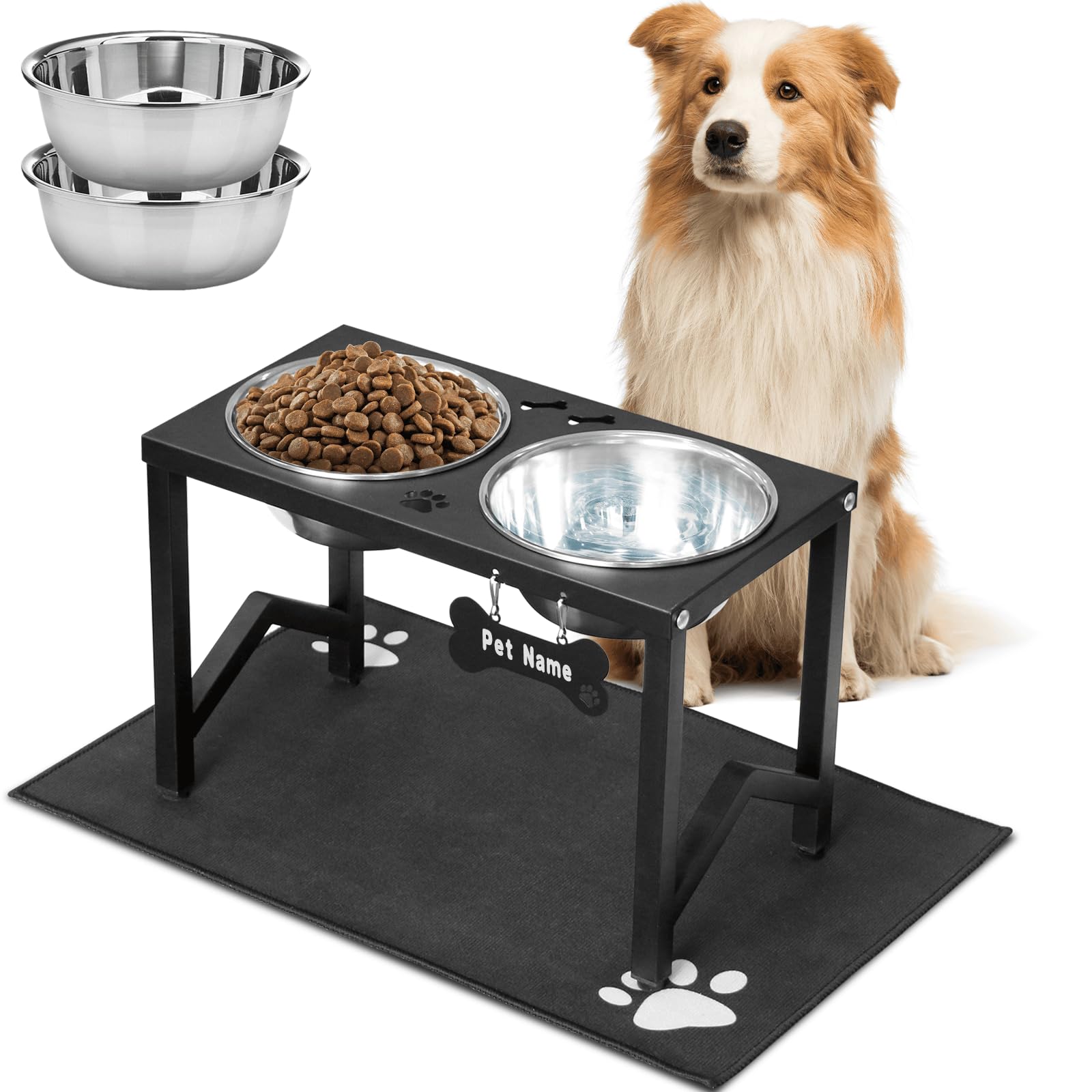 Ciotole per cani rialzate, supporto rialzato in metallo con 2 ciotole in acciaio inox spesse 1,644 g e tappetino antiscivolo, altezza 30 cm, per razze medie/grandi