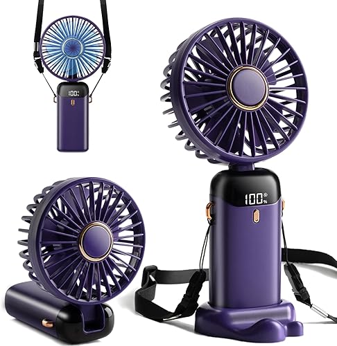 Mini ventilador de mano 4000 mAh tipo C recargable, 5 velocidades ajustables, 90 plegable y 3 en 1 (portátilcuelloescritorio) Pantalla digital,