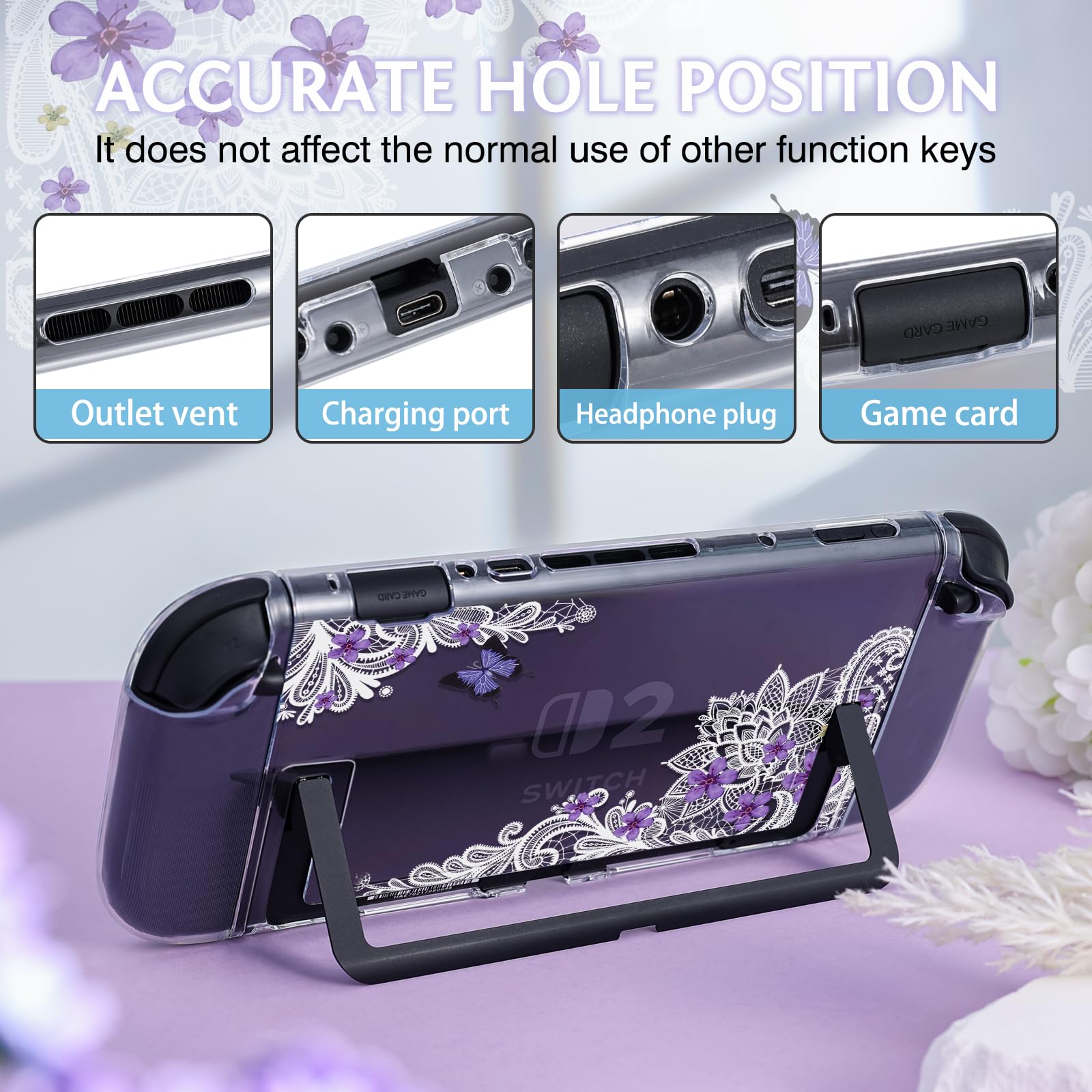 DLseego Protective Case Flower Floral Clear Switch 2 (2025), Detachable Joy-Handle Protective Case 2-Piece Split Full Wrap PC Hard Shell Anti-Scratch All-Round Protection Cover, Butterfly, Purple - 3