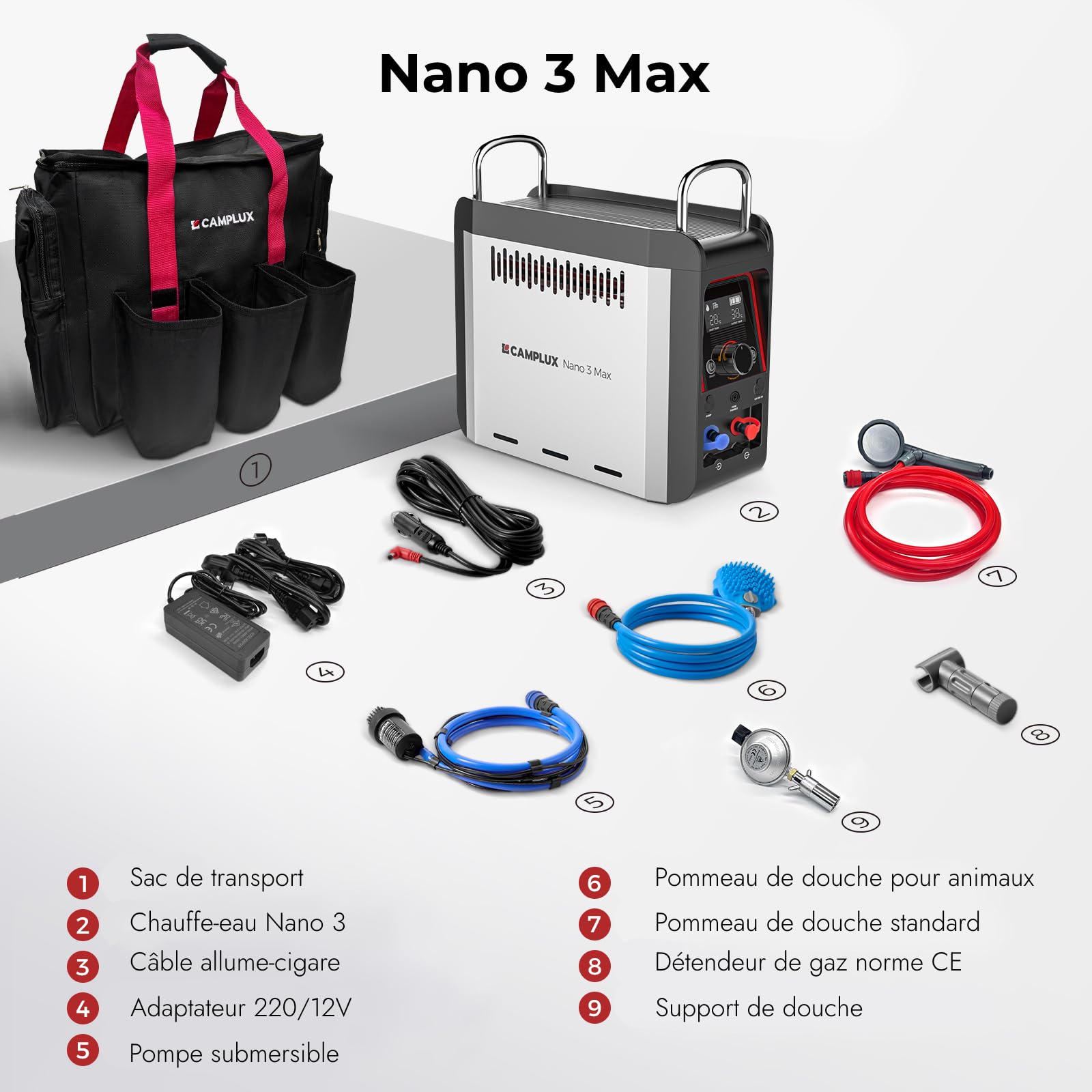 CAMPLUX Nano 3 Max - Chauffe-Eau Portable à Gaz, Kit Douche Outdoor, Eau Chaude Instantanée, avec Batterie Intégrée et Pompe 12V, Compact pour Camping & Vanlife