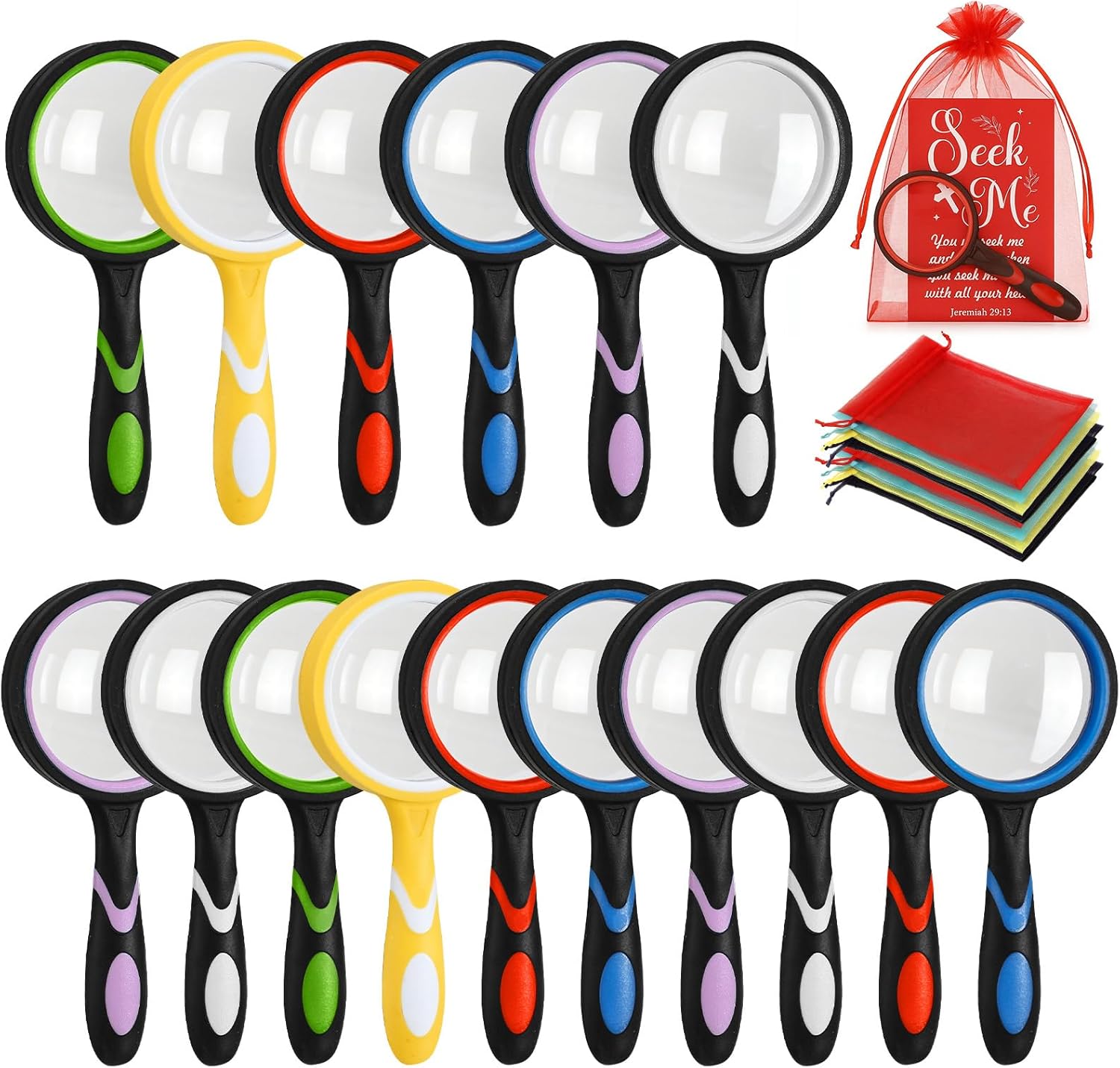 16 Pack Magnifying Glass Bulk, First Communion Gifts Handheld Magnifying Glass with Bible Cards Organza Bags for Baptism Confirmation Christian Party Favors Church Choir Members Gifts