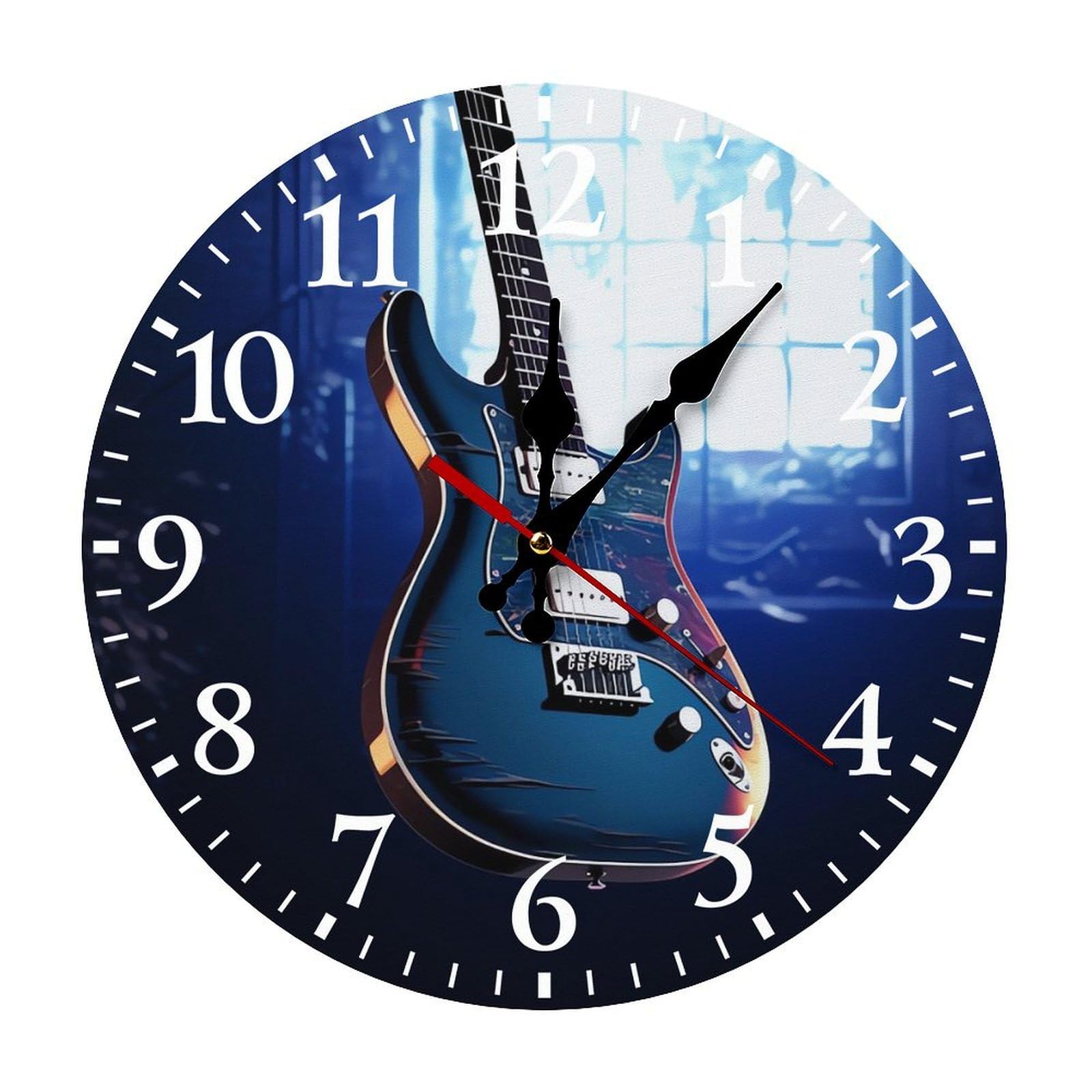 NTVOWPZO 10 Inch Wall Clock Blue Guitar Battery Operated Wall Clocks Silent Non-Ticking Round Wall Clock for Living Room Kitchen Home Office Wall Decorative Clock