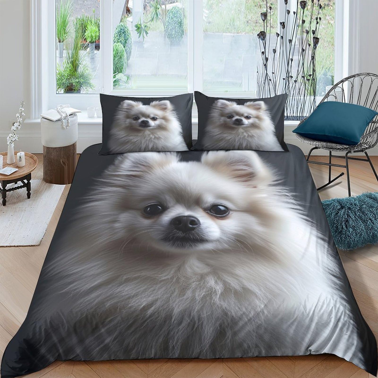 Ctjqhvkz Style-4 3D Printed Fluffy Pomeranian Fitted Sheet Microfiber Soft Animal Face Bed Cover For Bedroom Dorm Apartment Decor Single（135X200cm）