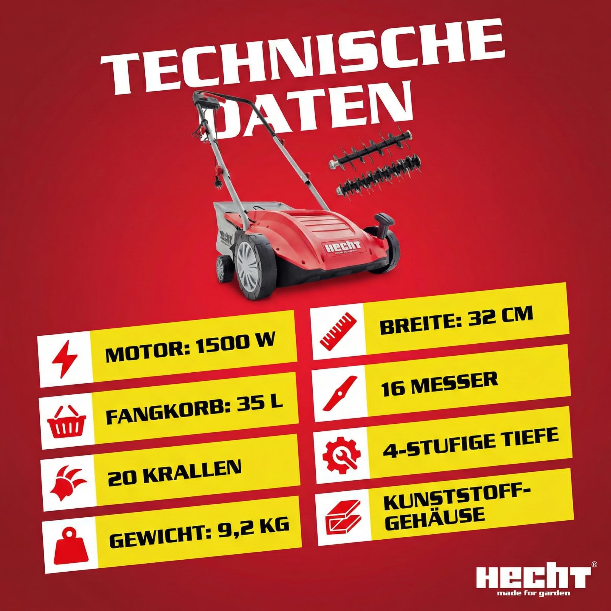 HECHT brandneuer 2 in 1 elektro Vertikutierer - Vertikutierer Elektro für einen schönen grünen saftigen Rasen – Starke 1500 Watt mit Lüfter- und Messerwalze - großzügiger 35l Auffangsack – elektrisch