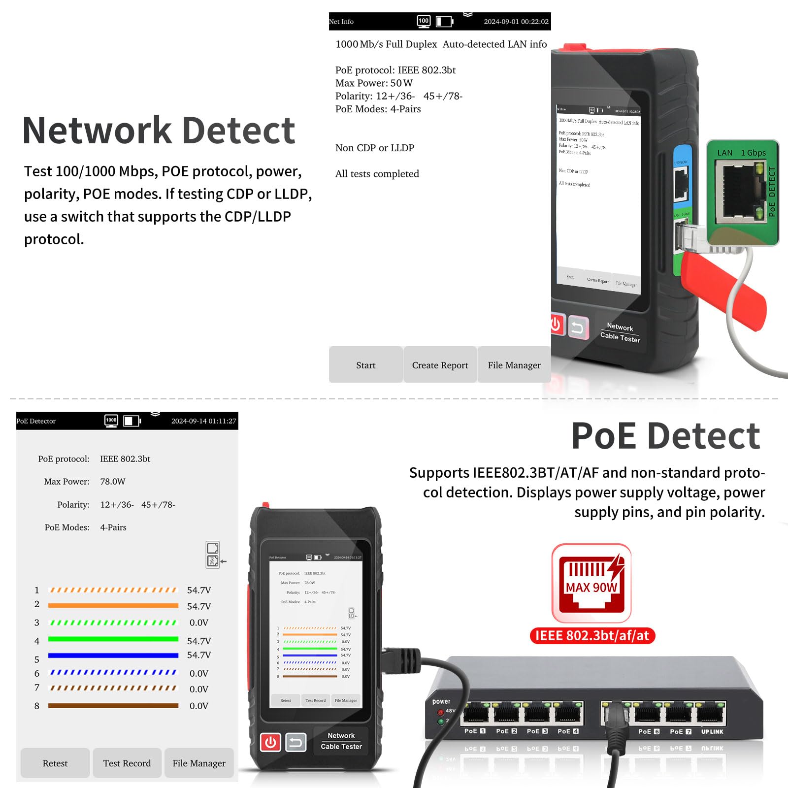 Tester multifunzione per cavi di rete, tester per cavi Ethernet UTP, tracciatore di cavi, tester di rete touch screen IPS ricaricabile da 4 pollici, test POE, RJ45 TDR, lunghezza, strumenti di rete IP