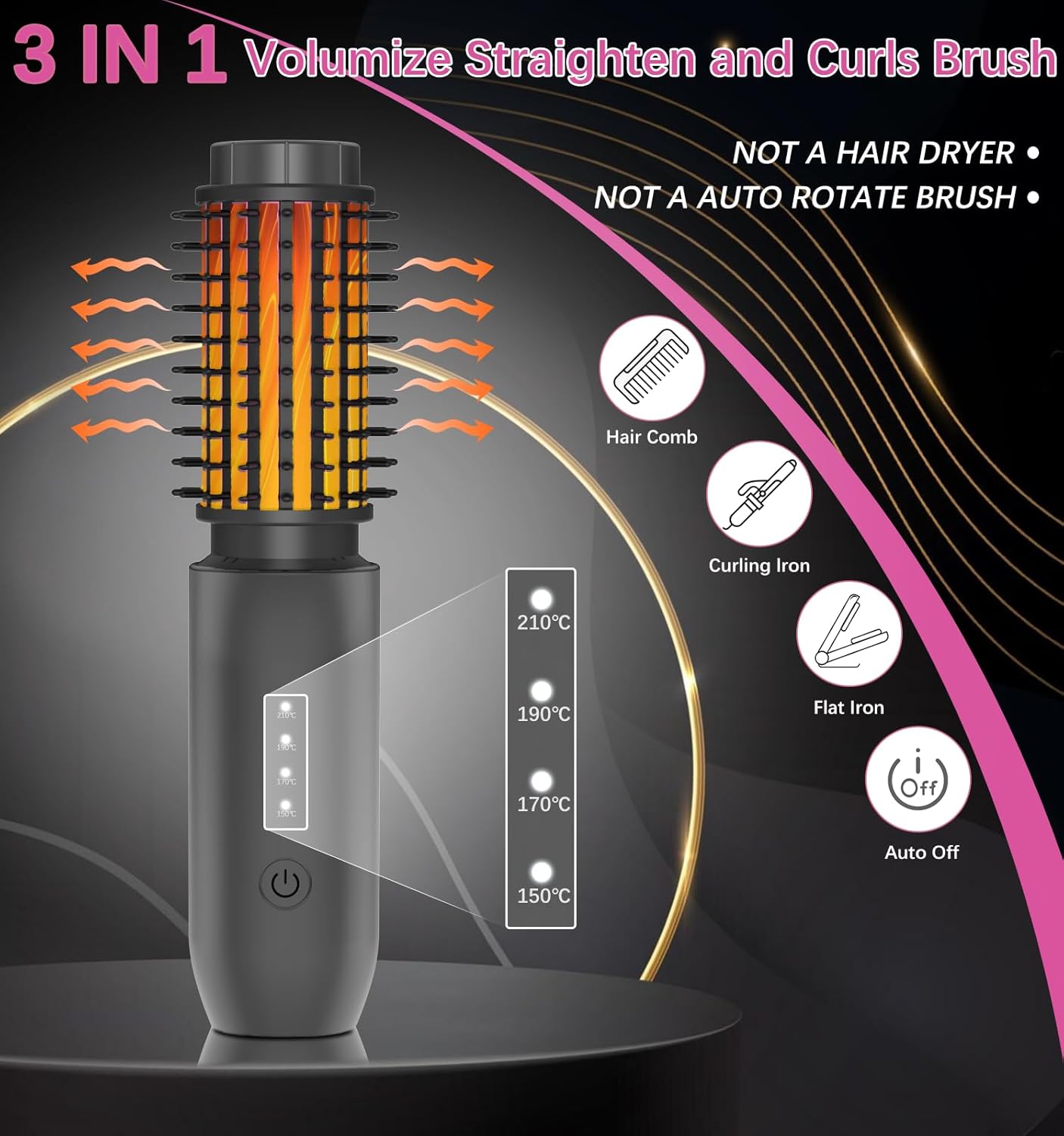 JAMIEWIN Cordless Hair Curling Iron Brush, Travel Hot Straightener Comb Curl Brush, 3-in-1 Portable Curling Iron Cordless Wand, USB Rechargeable Curling Wand-Blush(Gray)