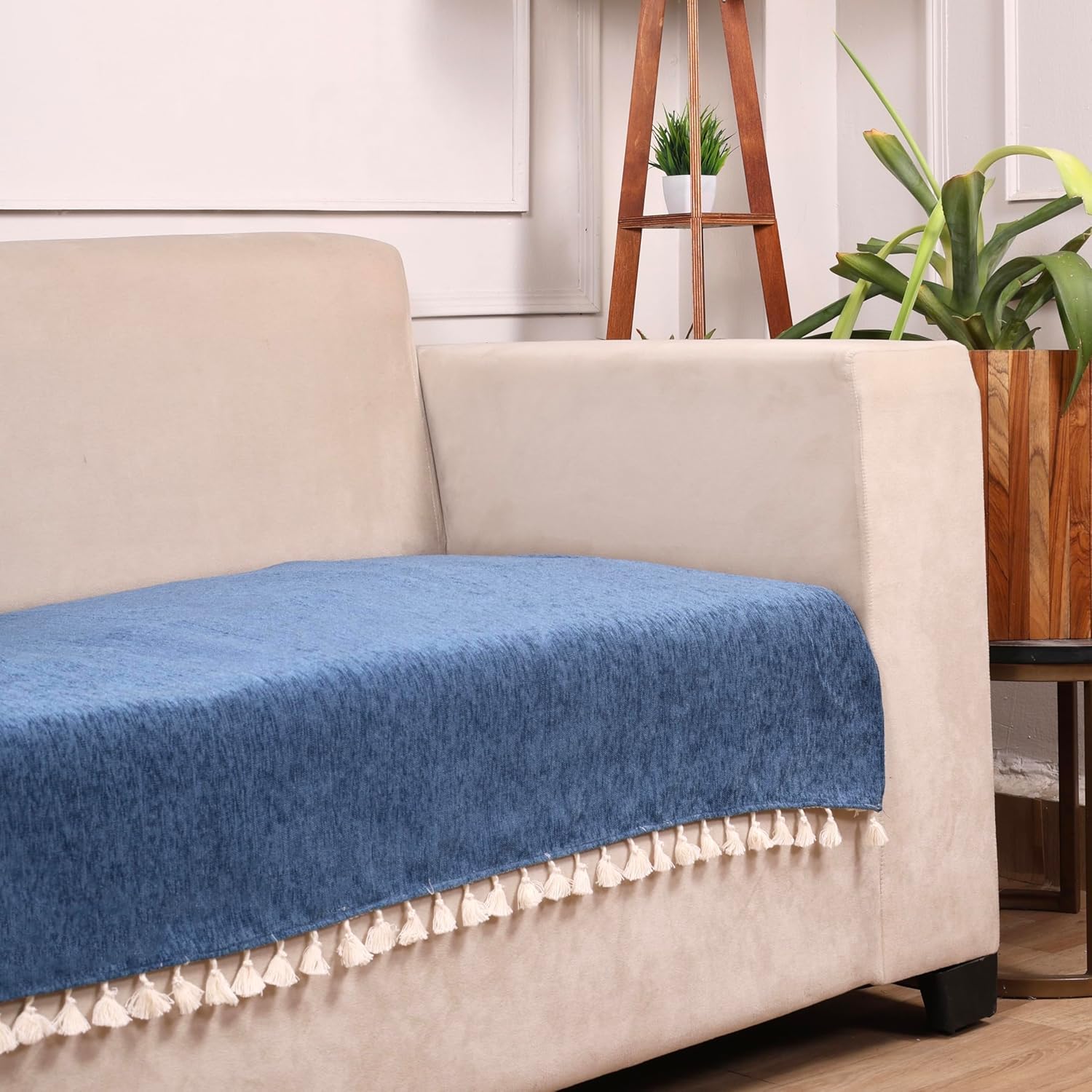 STITCHNEST Blue Chenille Sofa Cover 70x30 Inch – Soft, Durable & Textured Fabric with Tassels | Sofa for Living Room, Bedroom, or Drawing Room10