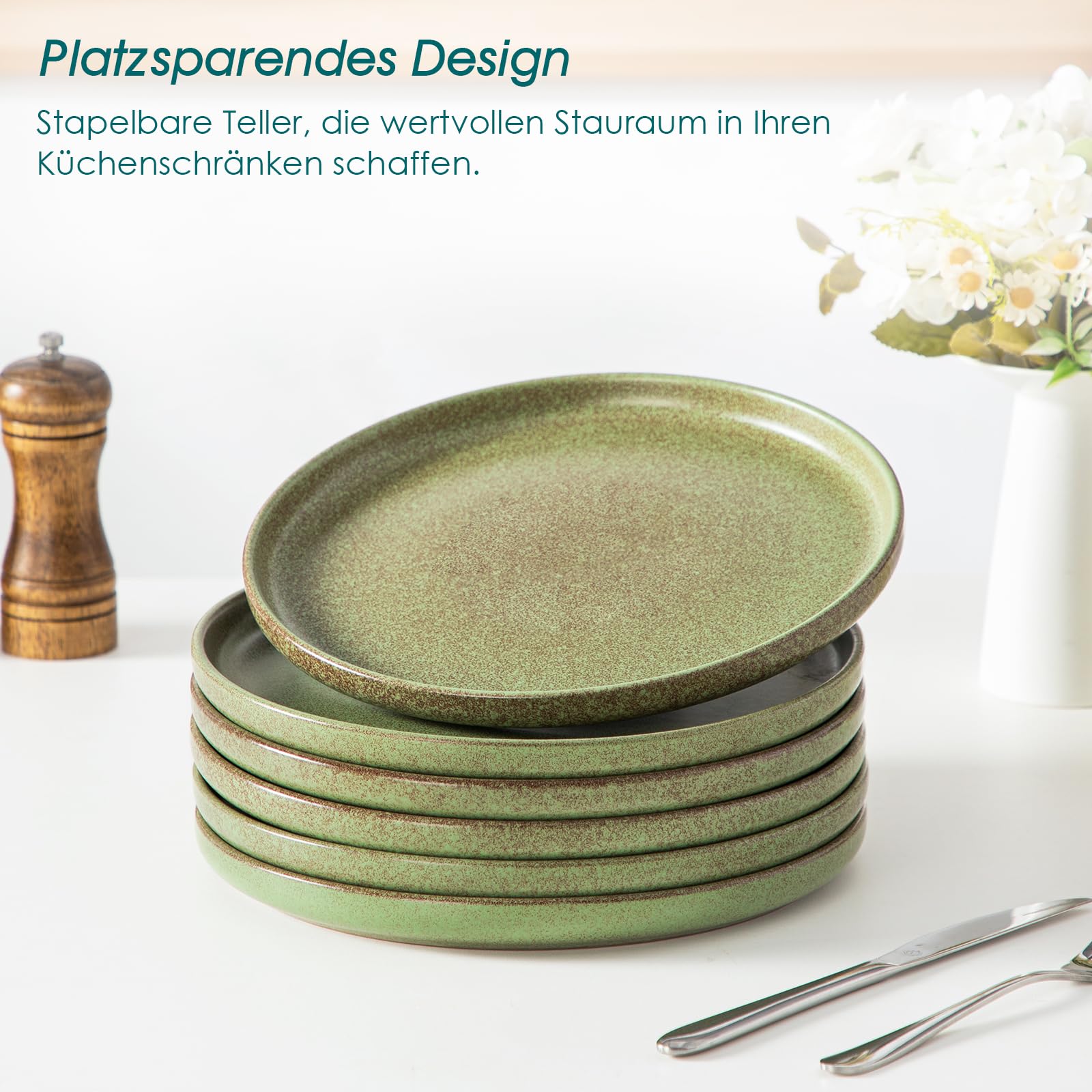 vancasso Teller Set 6 Personen, ZERMATT Speiseteller Flach 26 cm, Steingut Essteller Moosgrün, Frühstücksteller für Mikrowellen und Spülmaschinenfest, Pastateller, Dessertteller