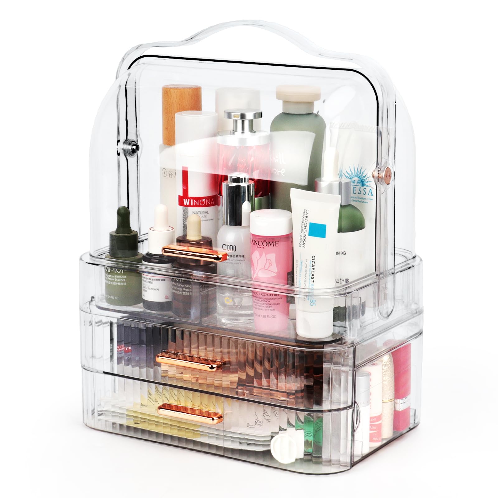 3 Tiers Makeup Organizer Countertop Dustproof,Make Up Organizers for Vanity with Lid & Drawers,Skincare Organizers with Waterproof Cover for Bathroom & Bedroom-Transparent
