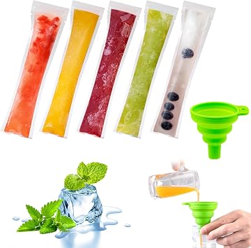 50 Pcs Ice Pop Bags Disposable Popsicles Moulds Bags, BPA Free Ice Lolly Bags with Seal for DIY Popsicle Maker Healthy Snack Food Yogurt Sticks Juice Fruit Smoothies - with Funnel