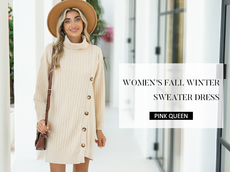 Pink Queen Women's Trendy Long Sleeve Brunch Sweater Dress Comfy Turtleneck  Oversized Night Out Ribbed Knit Mini Shift Dresses Apricot S at Amazon Women's  Clothing store