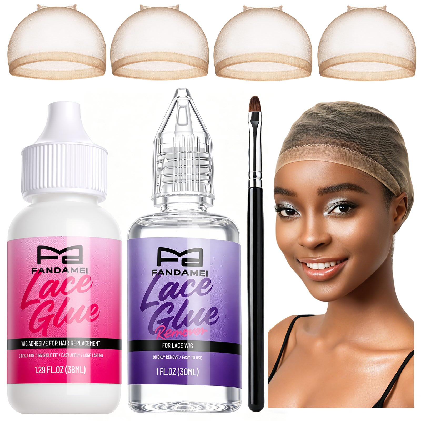 Fandamei Wig Cap Kit, 4PCS Ultra Thin Wig Caps for Women, Lace Glue for Wigs, Glue Remover. Natural Transparent Lace Wig Cap Light Brown, Waterproof Invisible Wig Adhesive. Hair Glue for Wigs Kit.