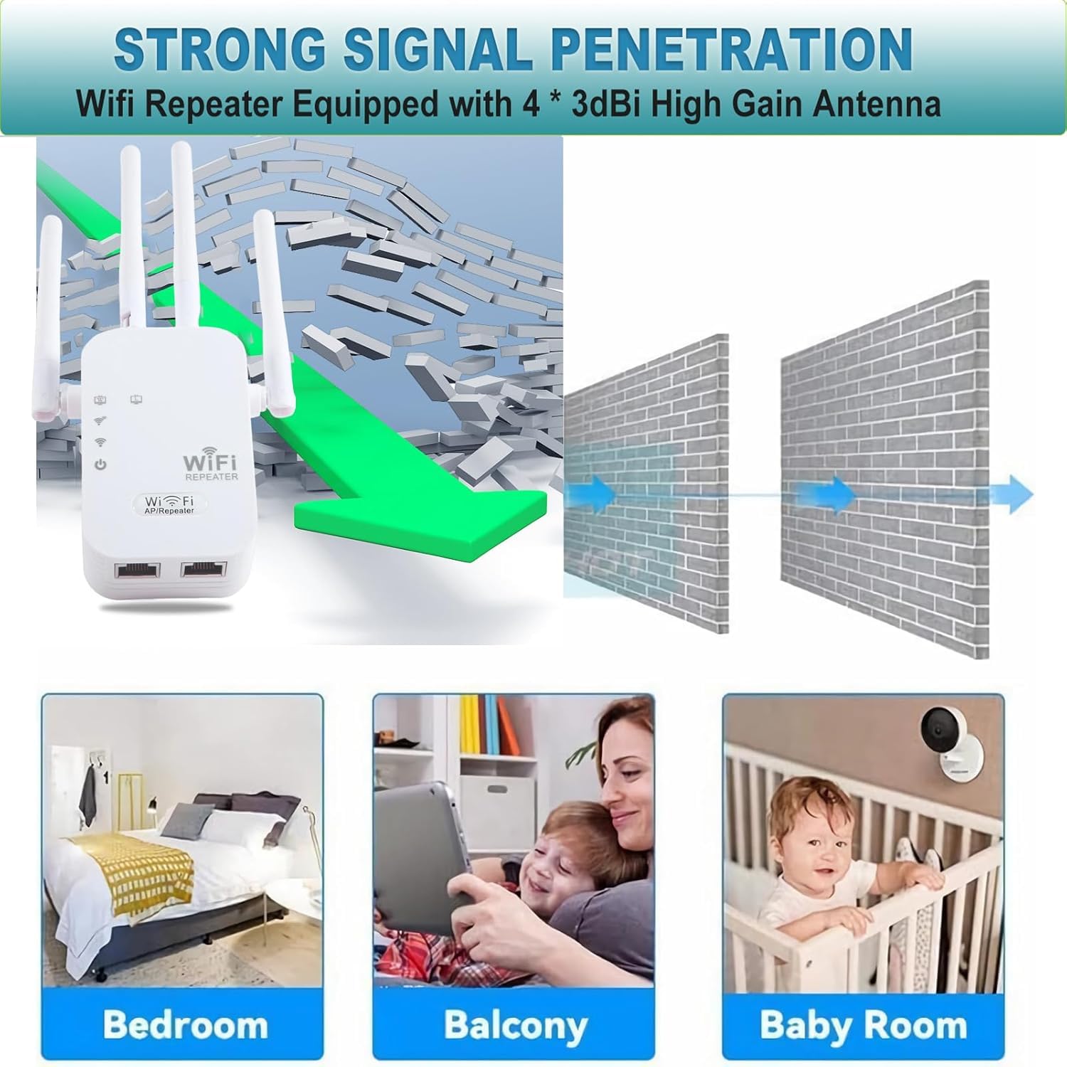 WiFi Booster Range Extender 1200Mbps, WiFi Signal Amplifier Dual Band 5GHz & 2.4GHz, 4 Antennas WIFI Signal Booster Repeater with Ethernet Port, Wireless Internet Booster/Hotspot with Wider Coverage — view 2